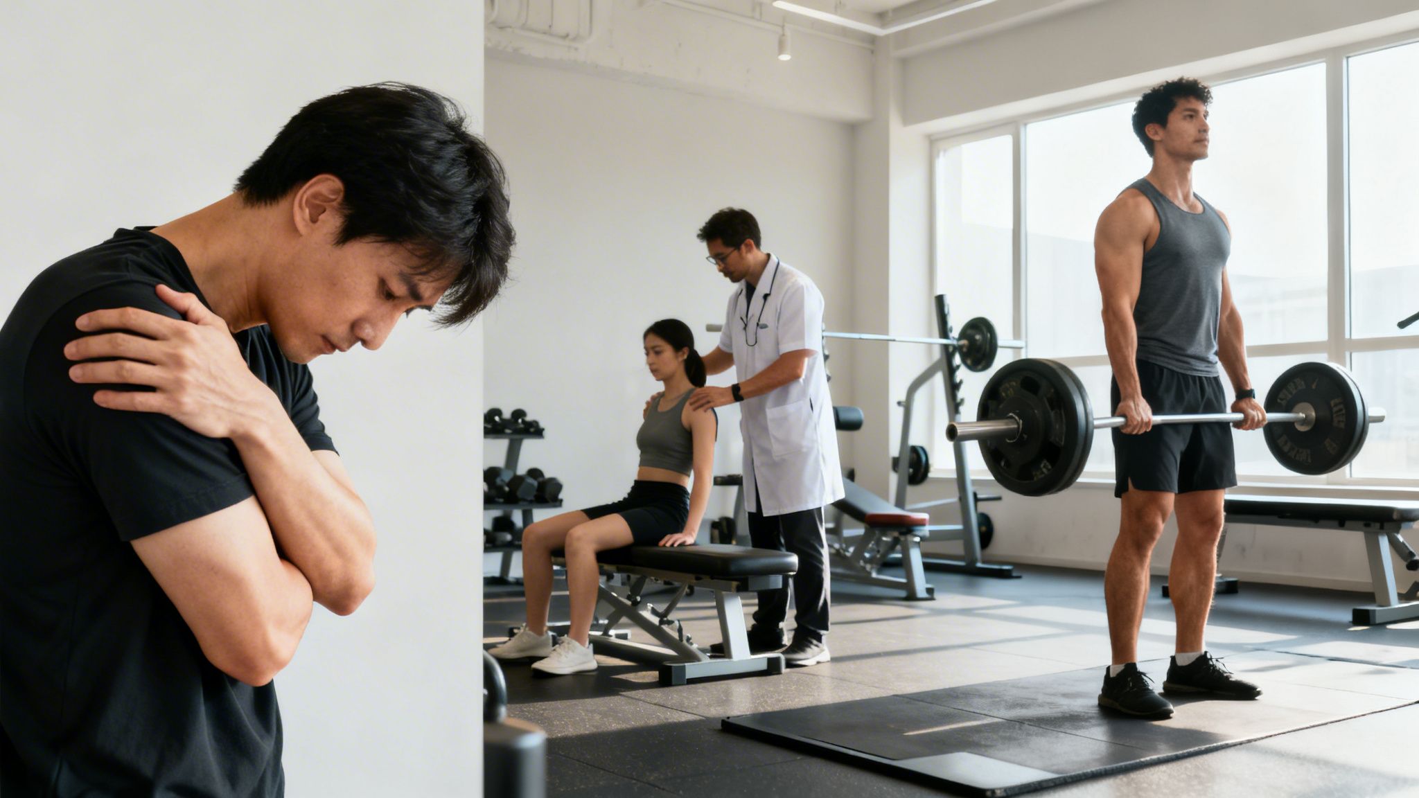 A man holds his painful shoulder, while a doctor examines a patient and another man lifts weights in a gym.