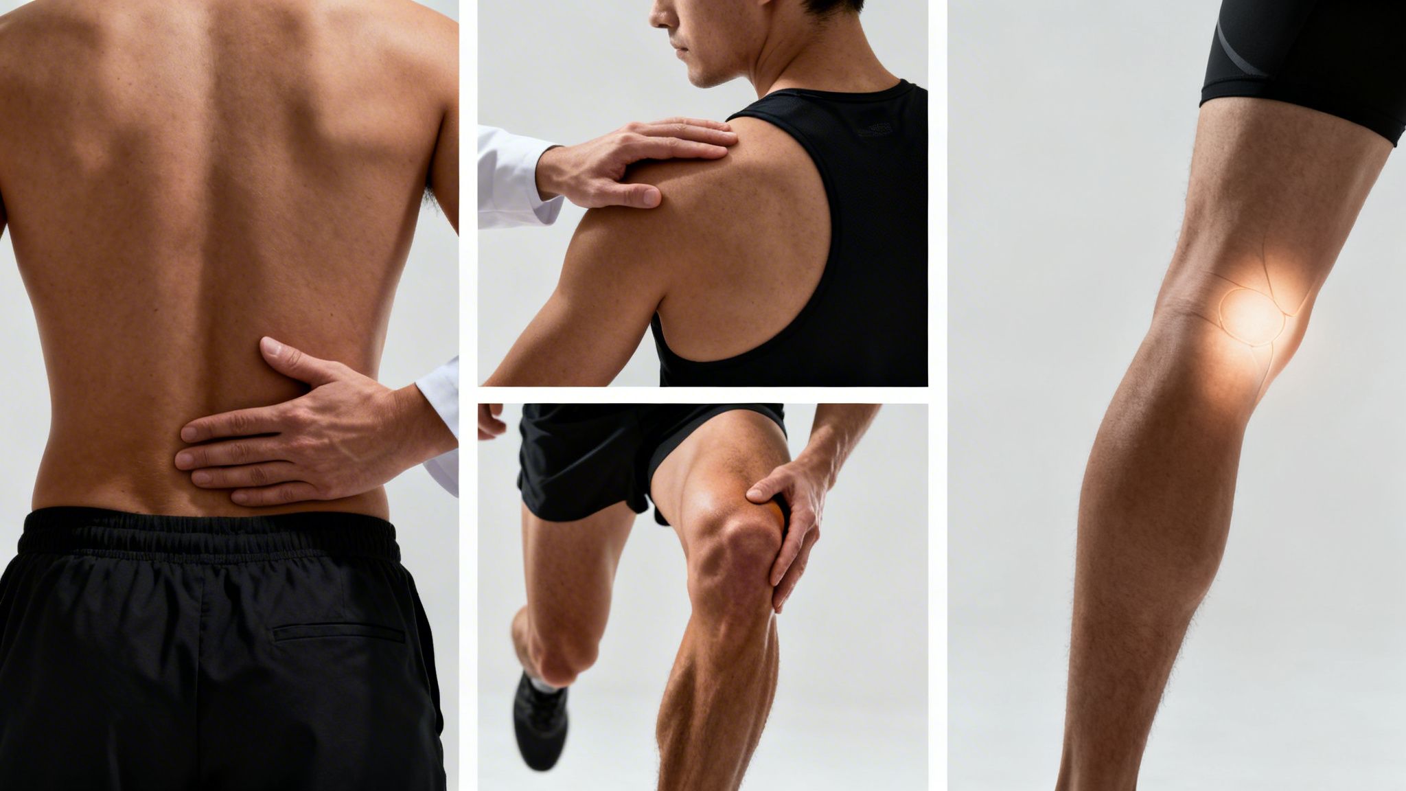 Athlete with back, shoulder, and knee pain, receiving medical examination for sports injuries.