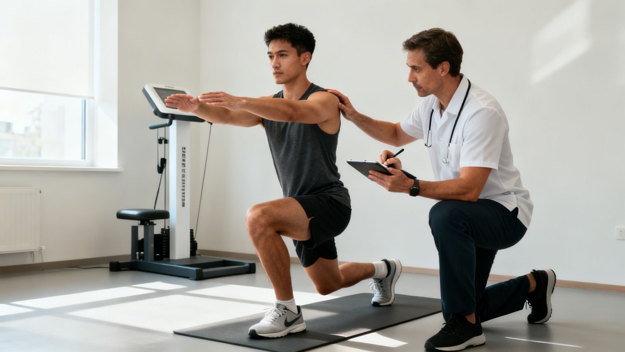 A physical therapist guides a male athlete performing lunges during sports performance training.