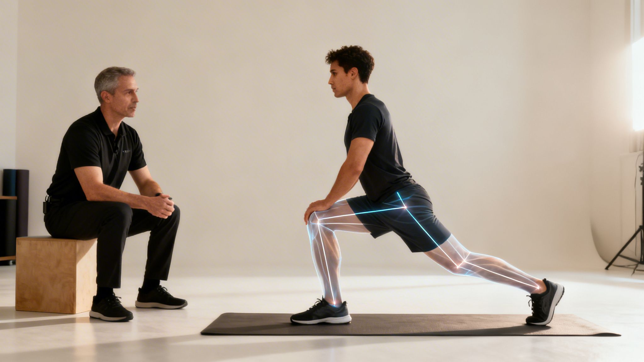 Two men in a studio, one performing a lunge with highlighted leg joints, the other observing.