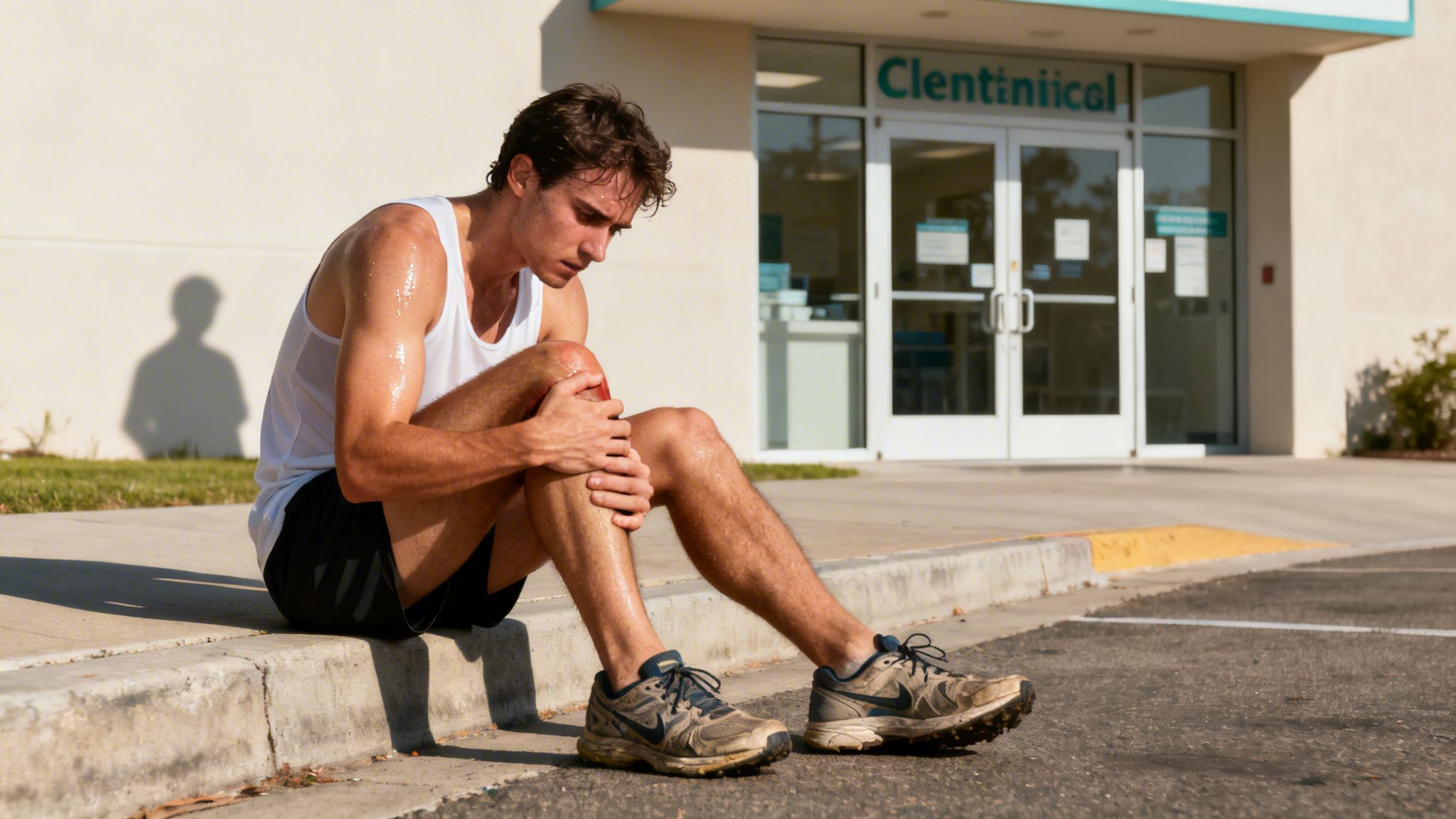 A sweaty male runner sits on a curb, clutching his injured, bloody knee outside a clinic.