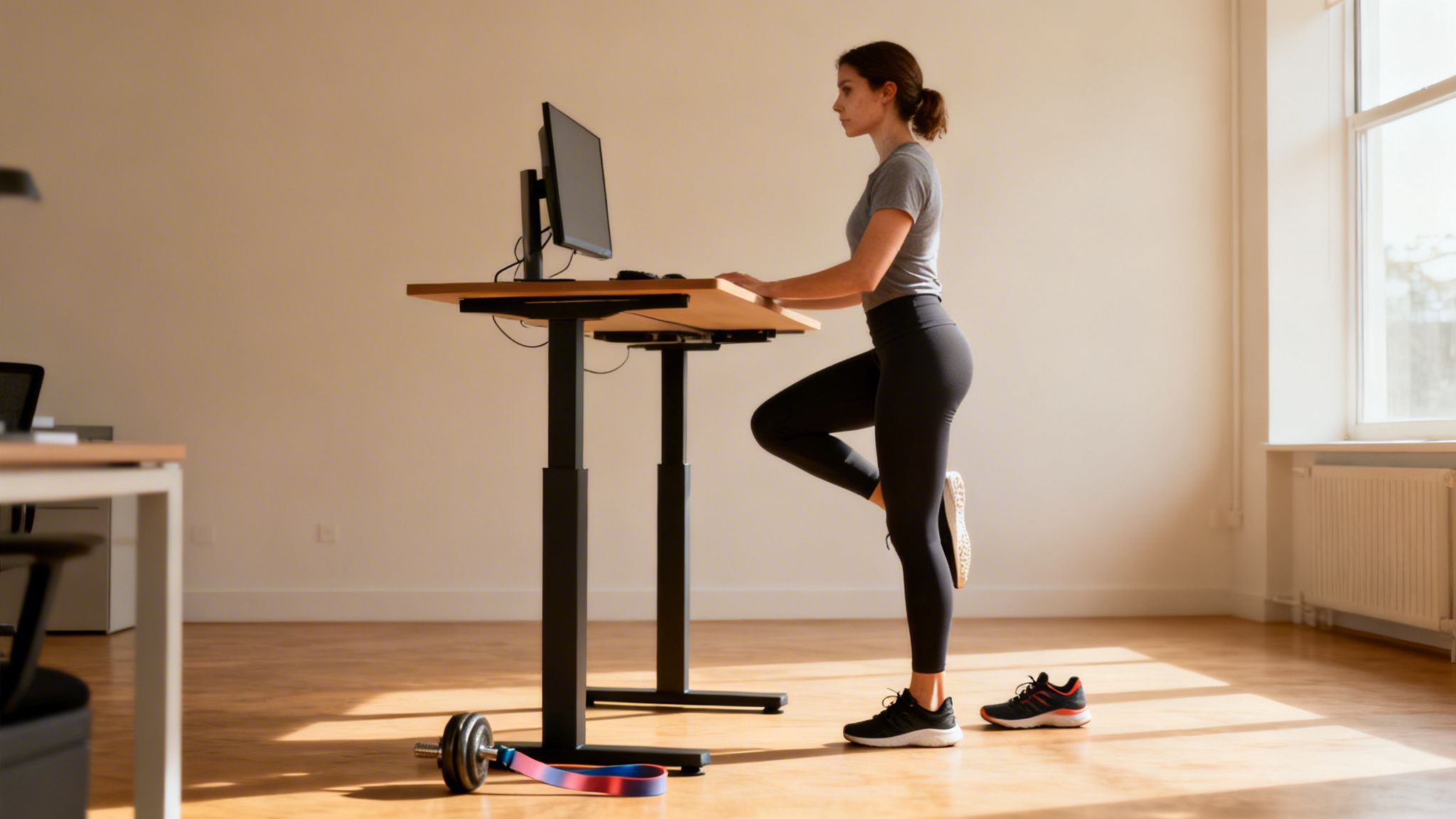A woman in workout clothes stretches on one leg while working at a standing desk.