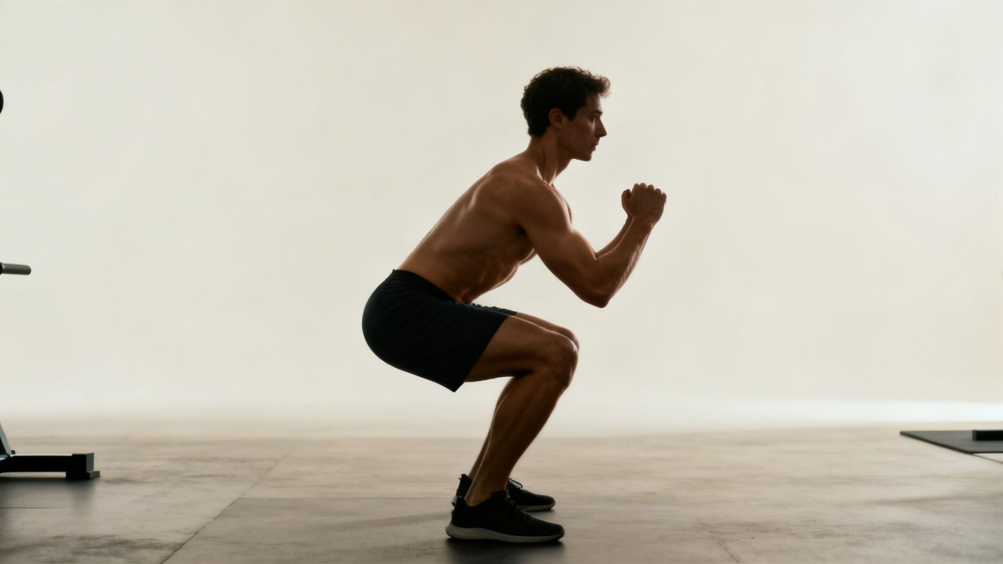 A shirtless man in dark shorts performs a bodyweight squat in a gym, silhouetted against a bright background.