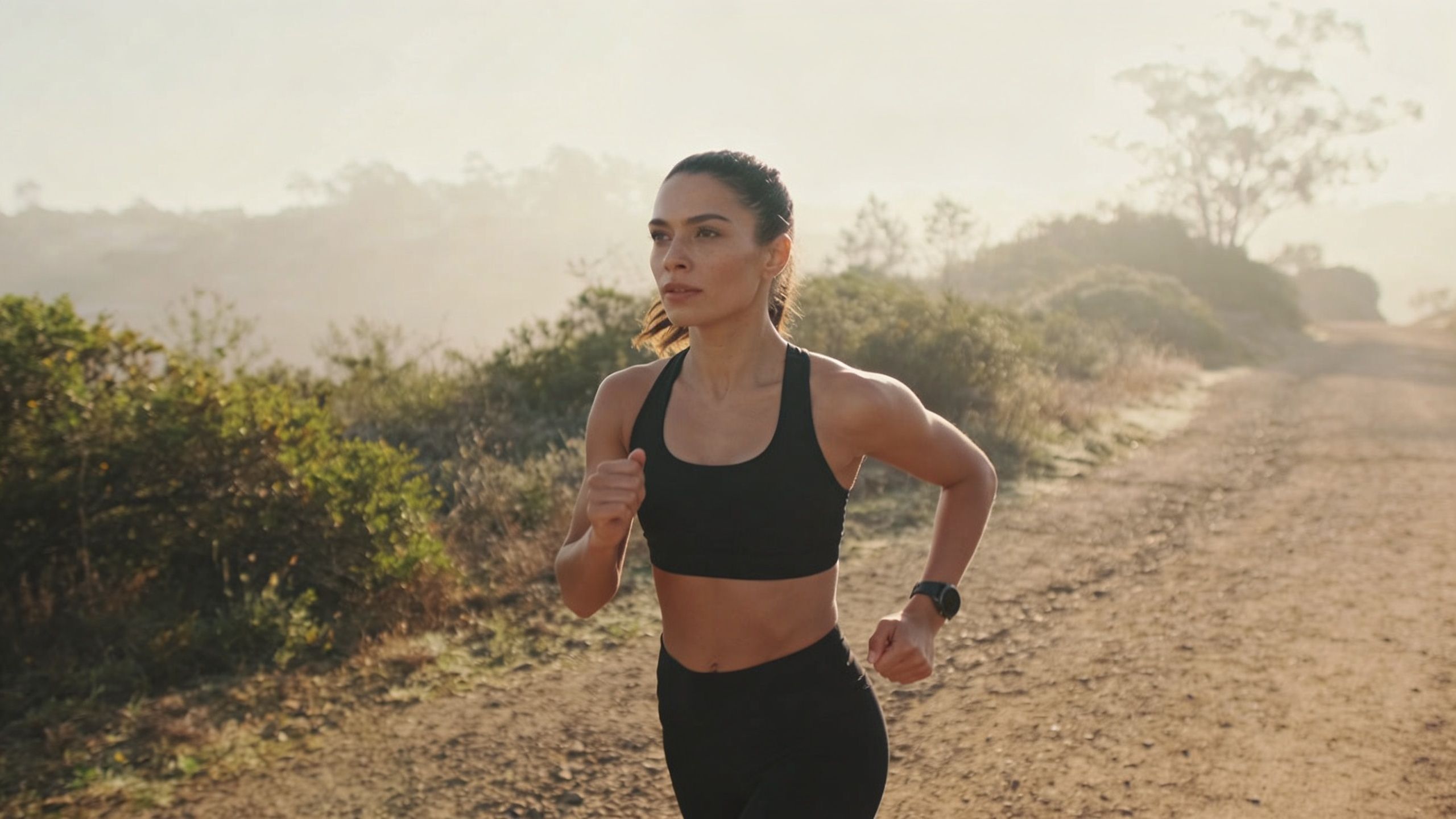 A fit female athlete running on a dirt path during a morning trail workout in nature.