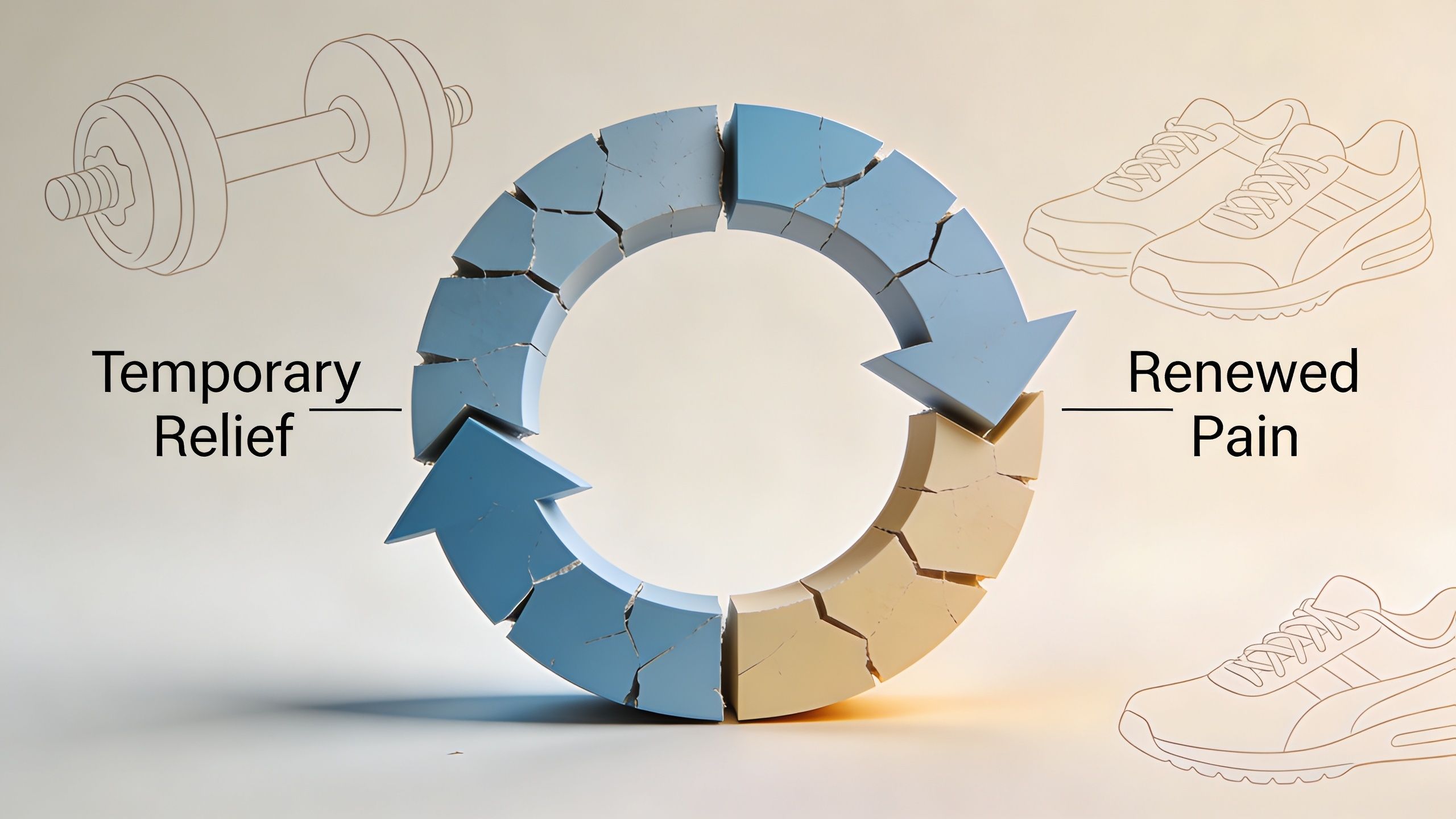A cyclical diagram showing the frustrating loop between temporary pain relief and returning injury for athletes.