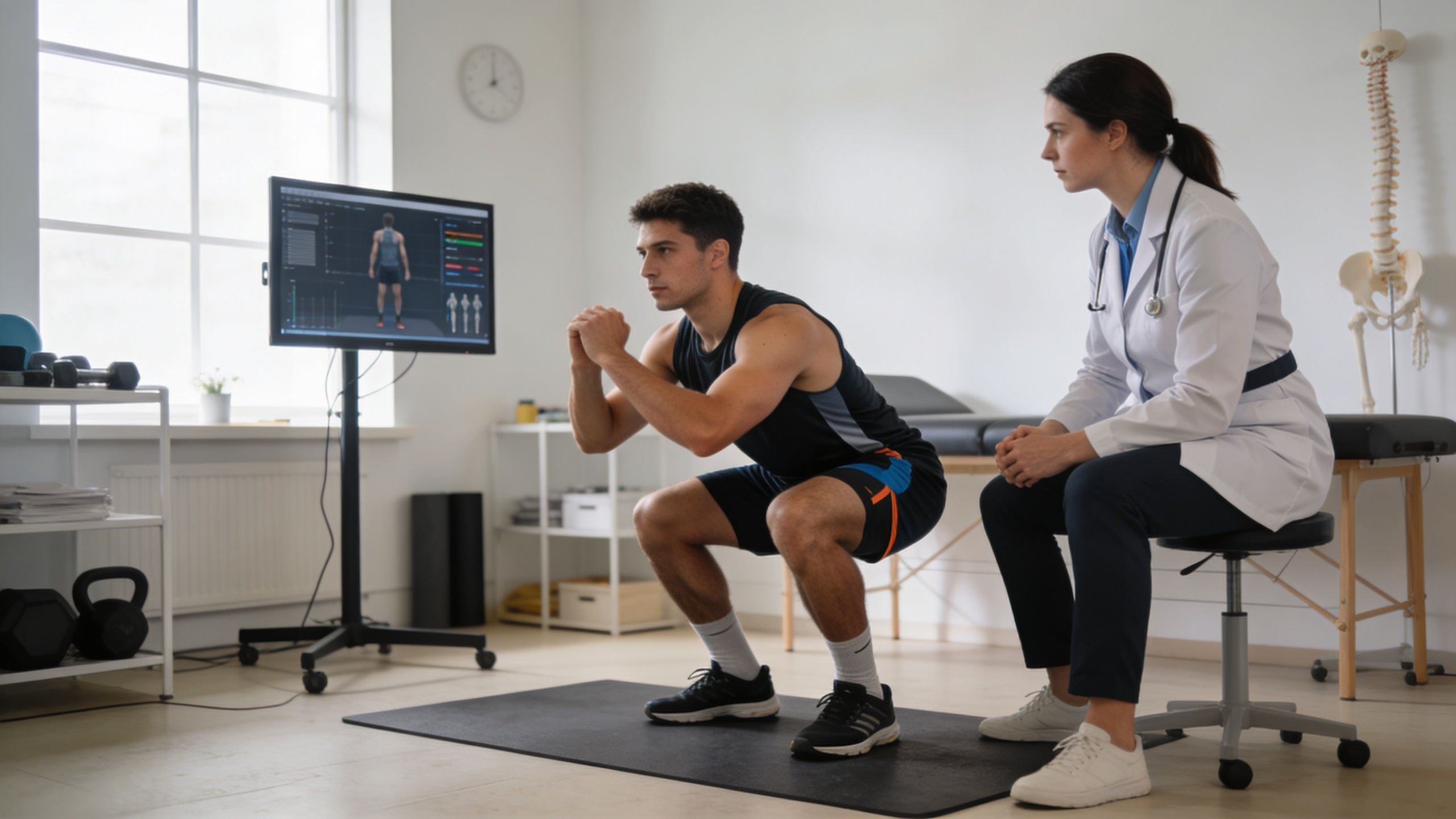 A chiropractor monitors a male athlete performing a squat exercise in a professional physical therapy clinic.