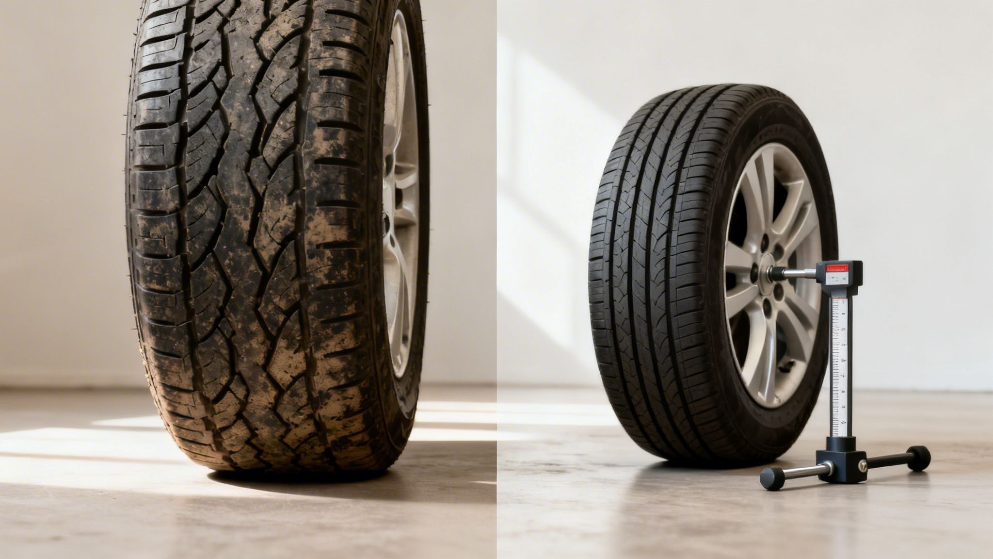 Two car tires side-by-side on a concrete floor: one dirty and worn, the other new with a tread depth gauge.