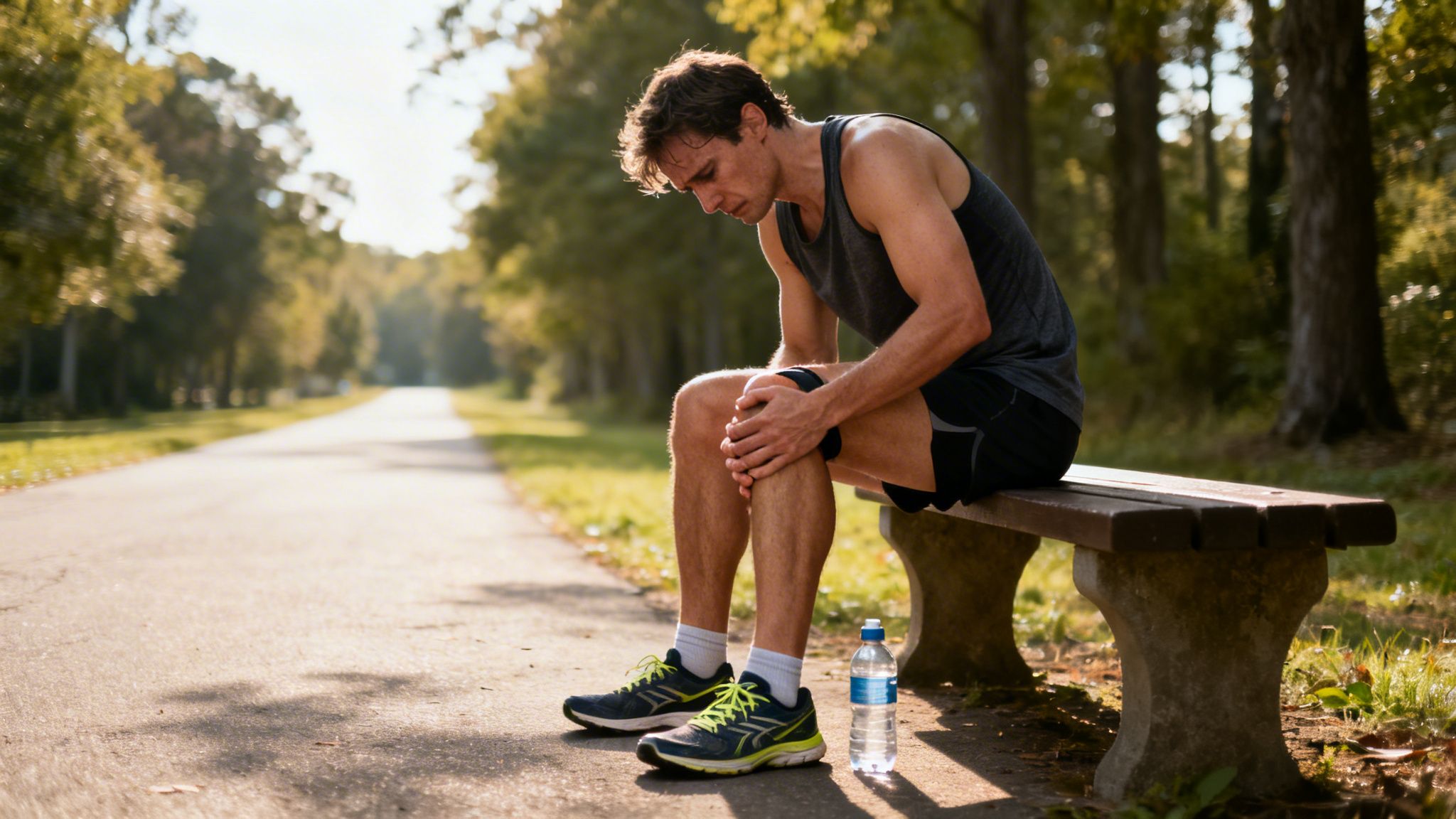 A male runner sits on a park bench, holding his painful knee after a run, with a water bottle nearby.