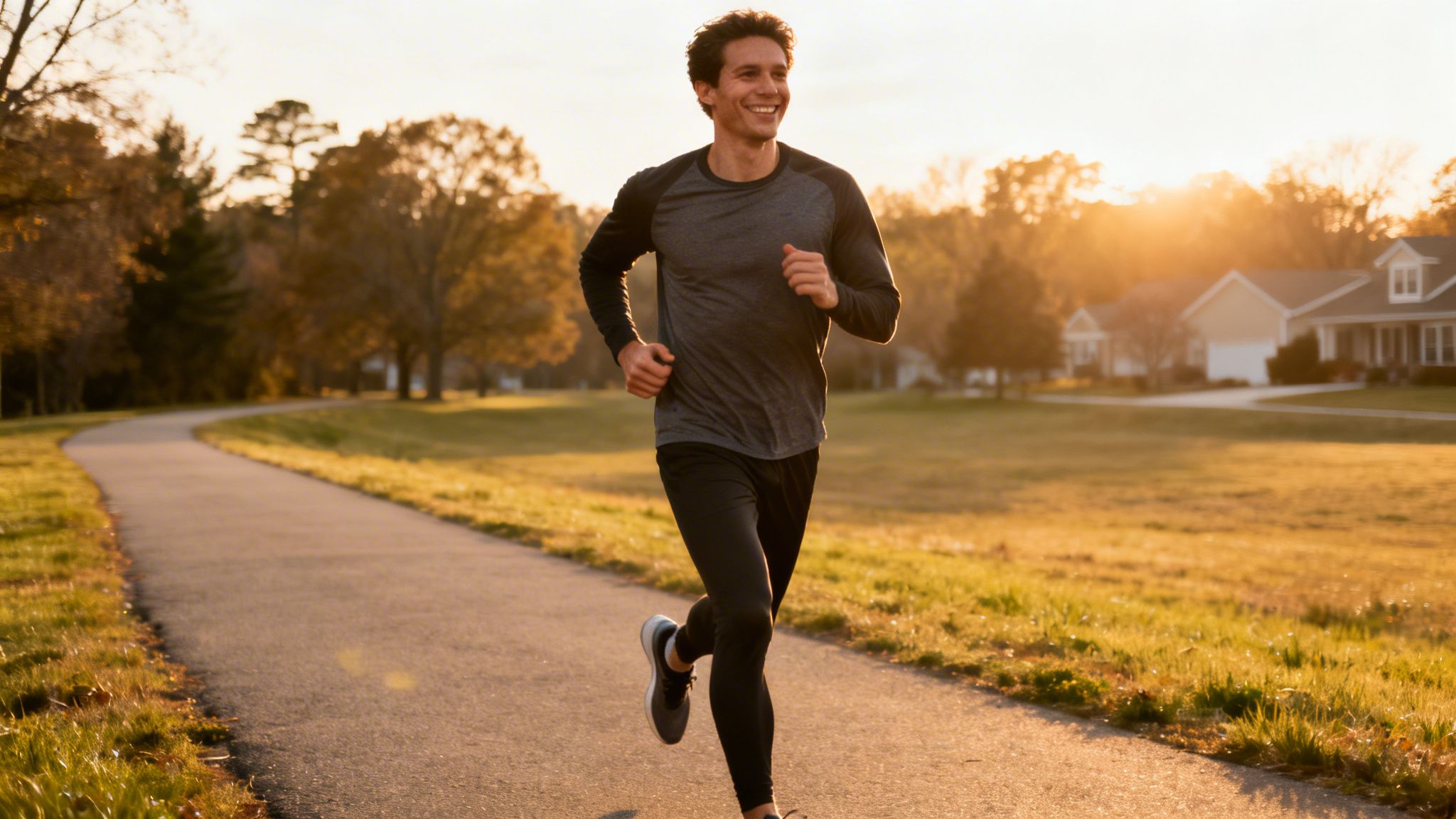 Smiling man jogging on a paved path in a park at sunset, surrounded by trees and houses.