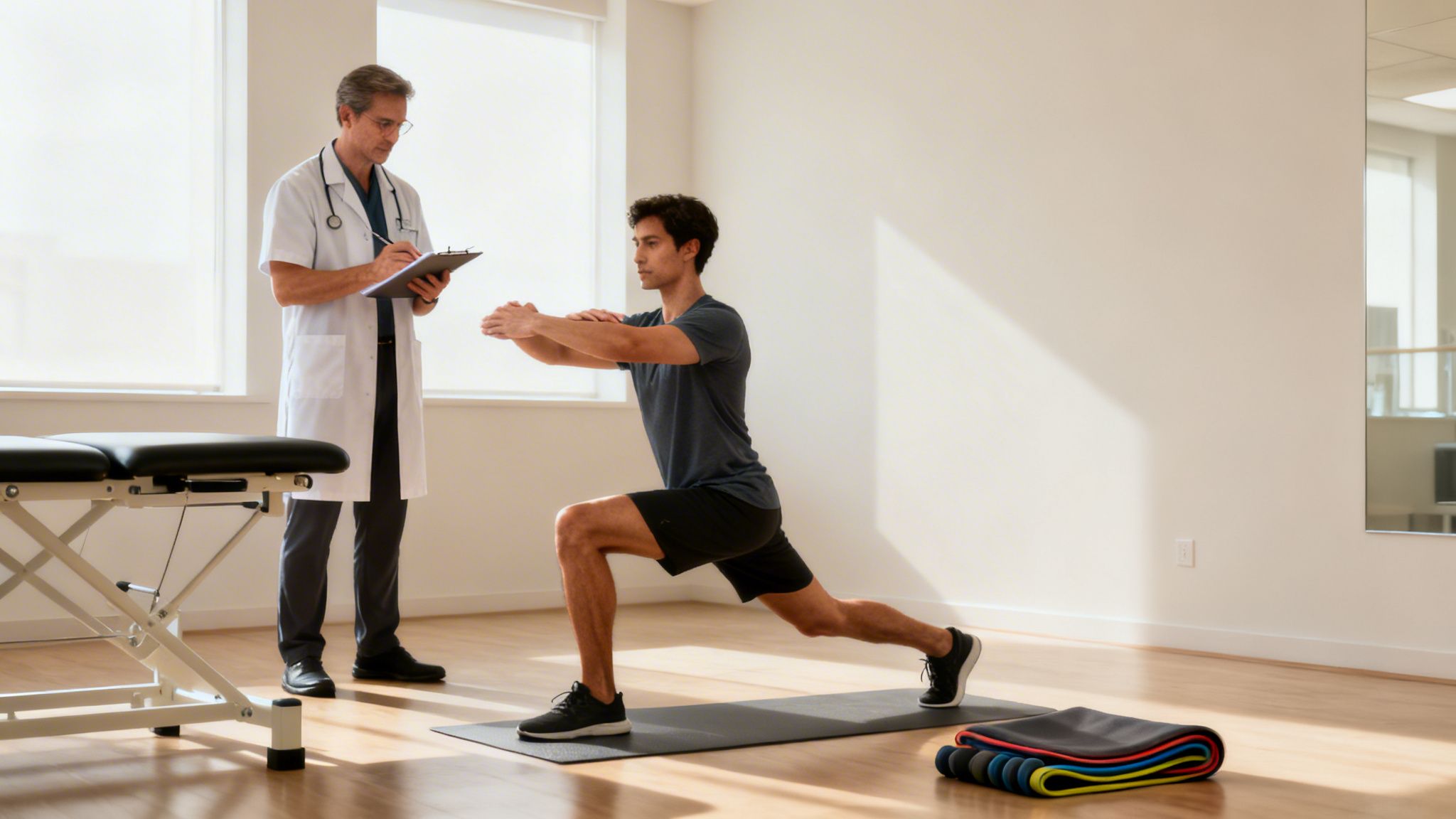 A chiropractor observes a male patient performing a lunge exercise on a mat in a bright clinic.