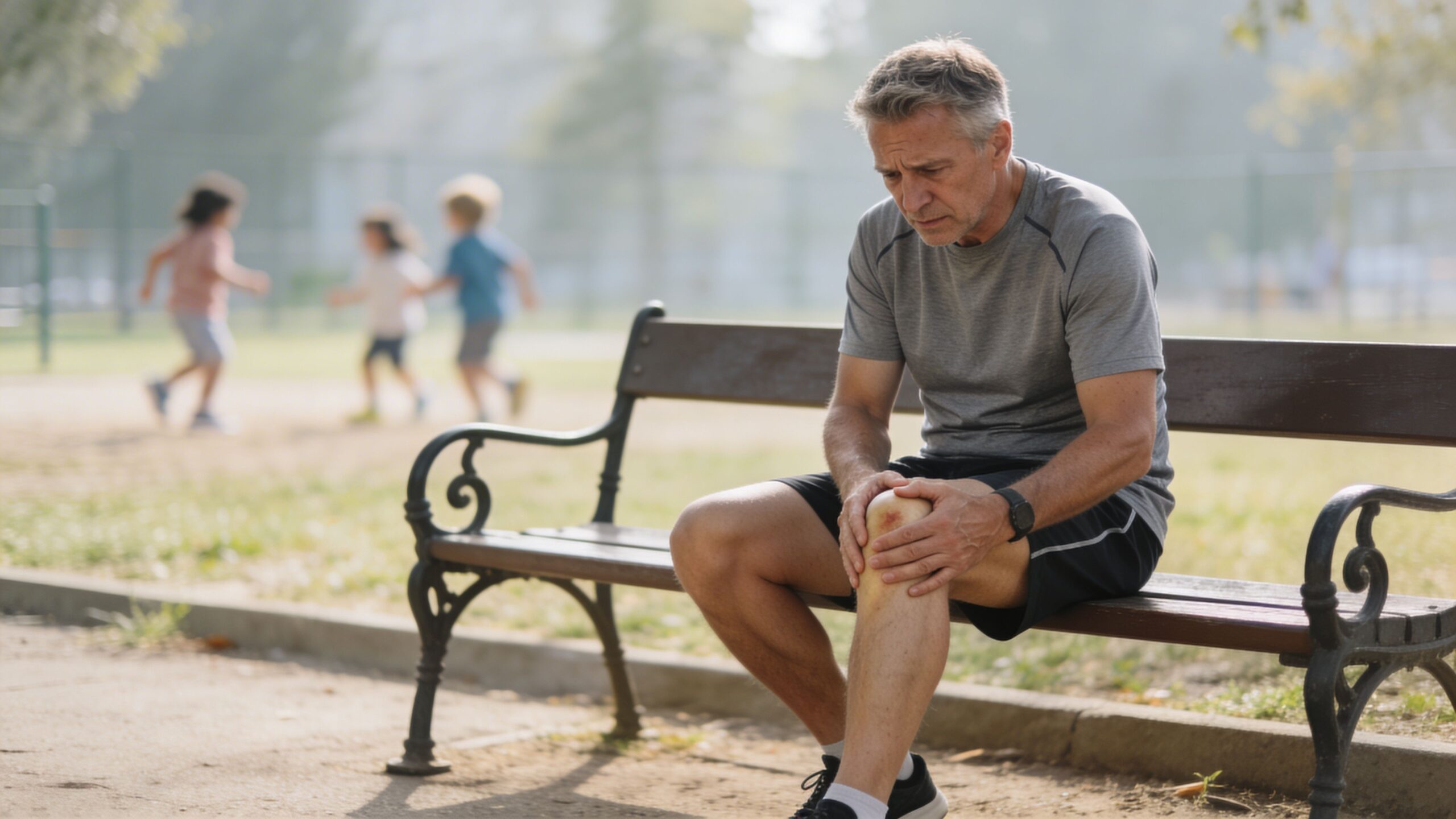 A middle-aged man sitting on a park bench clutching his injured knee while looking in pain.