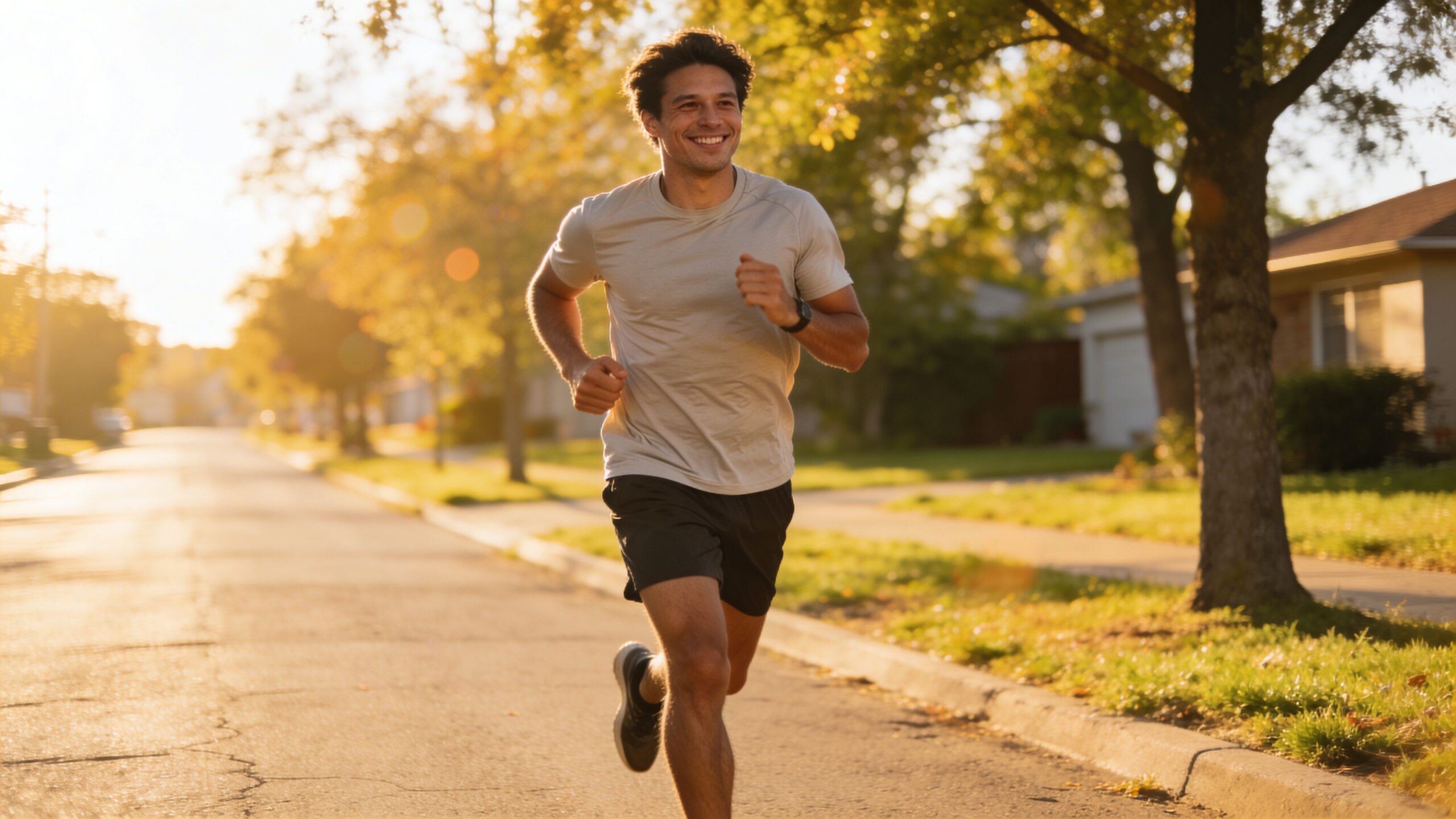 A fit man smiles while jogging down a residential street during a sunny golden hour afternoon.