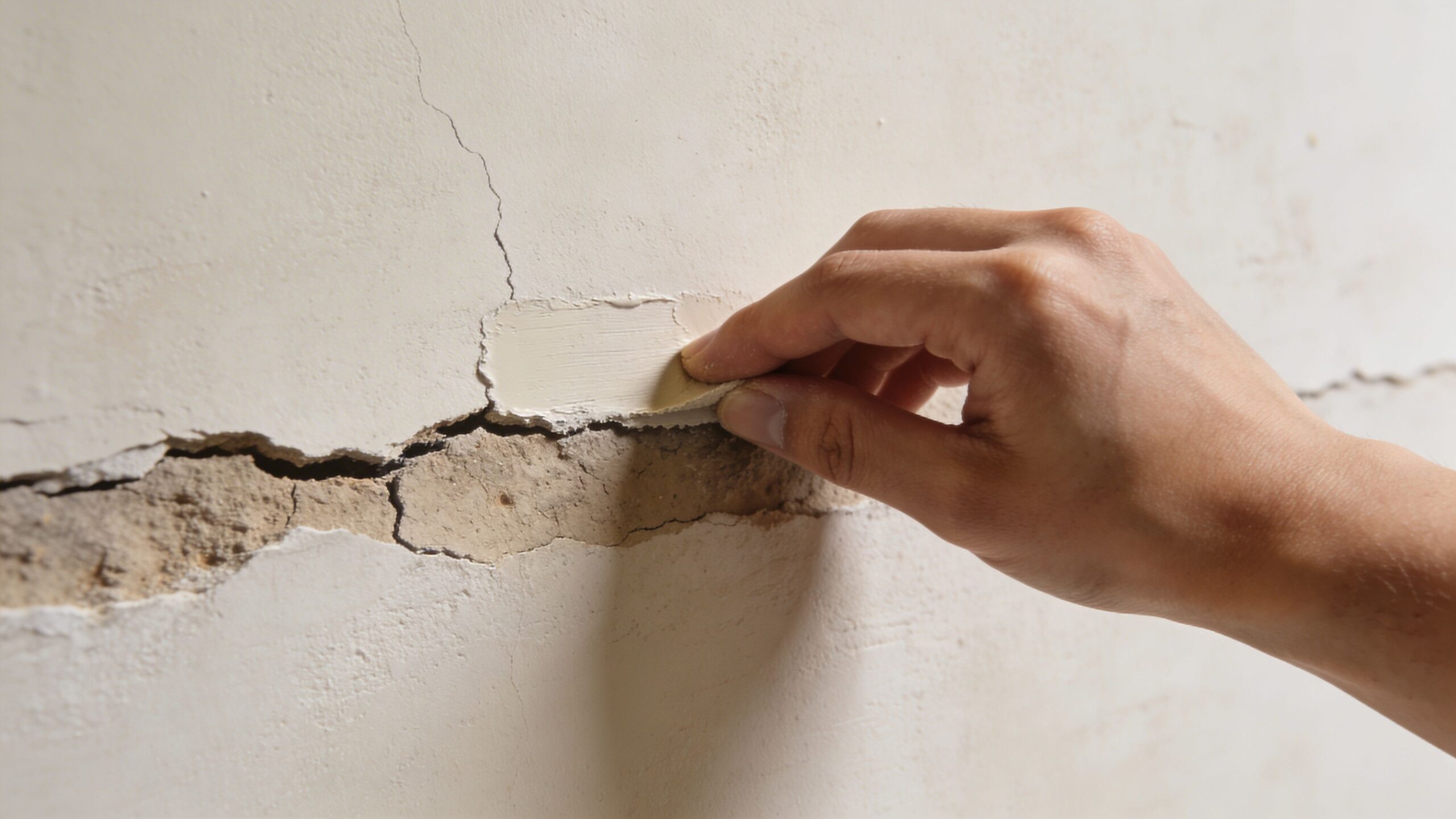 A close-up view of a person using putty to repair a large crack on a damaged wall.