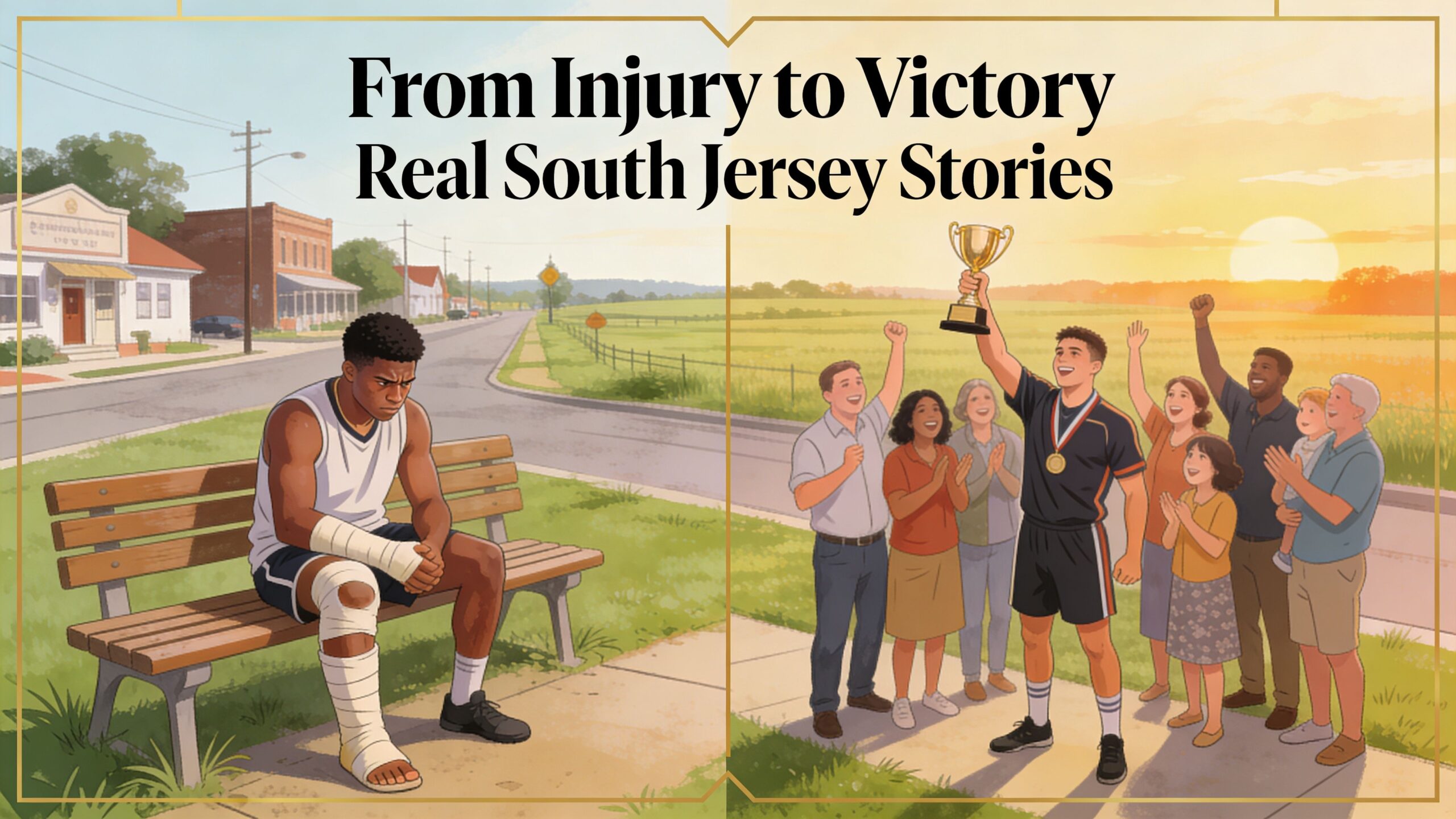 A split illustration showing an injured athlete on a bench and celebrating victory with supporters.