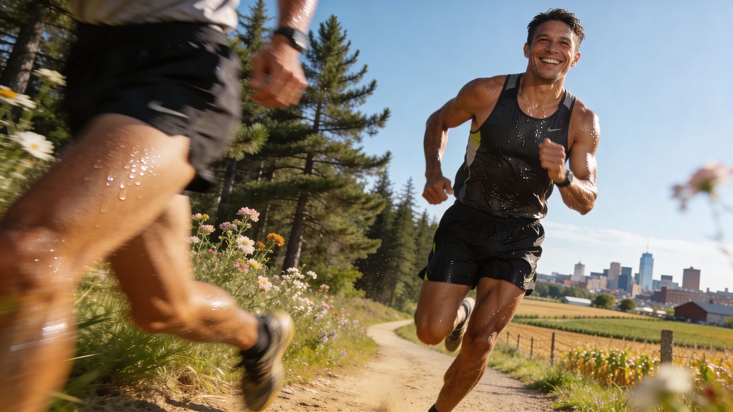 Two athletes jogging along a scenic trail with a city skyline visible in the distance