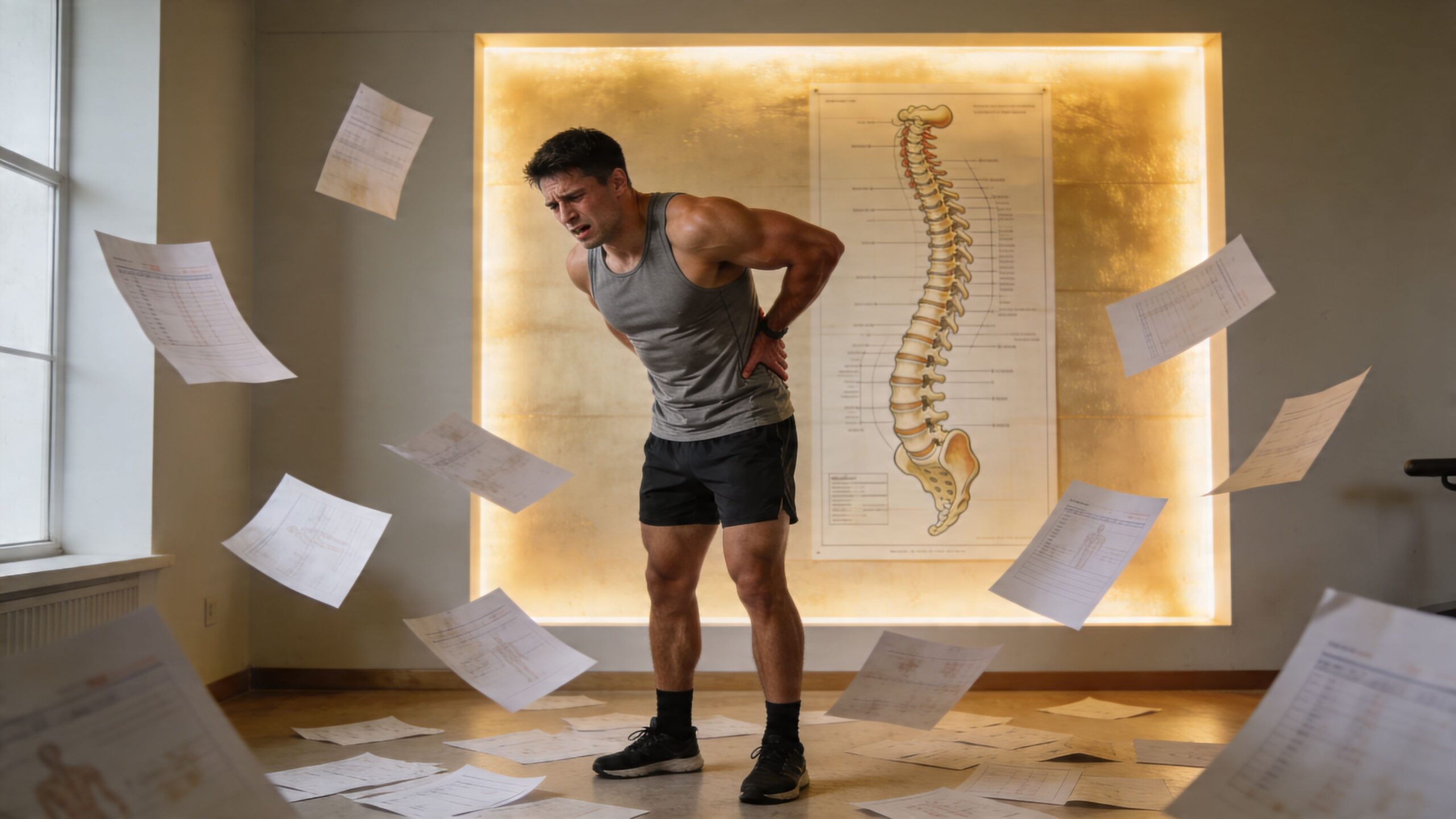 An athletic man in a gym experiencing severe lower back pain while surrounded by floating medical charts.