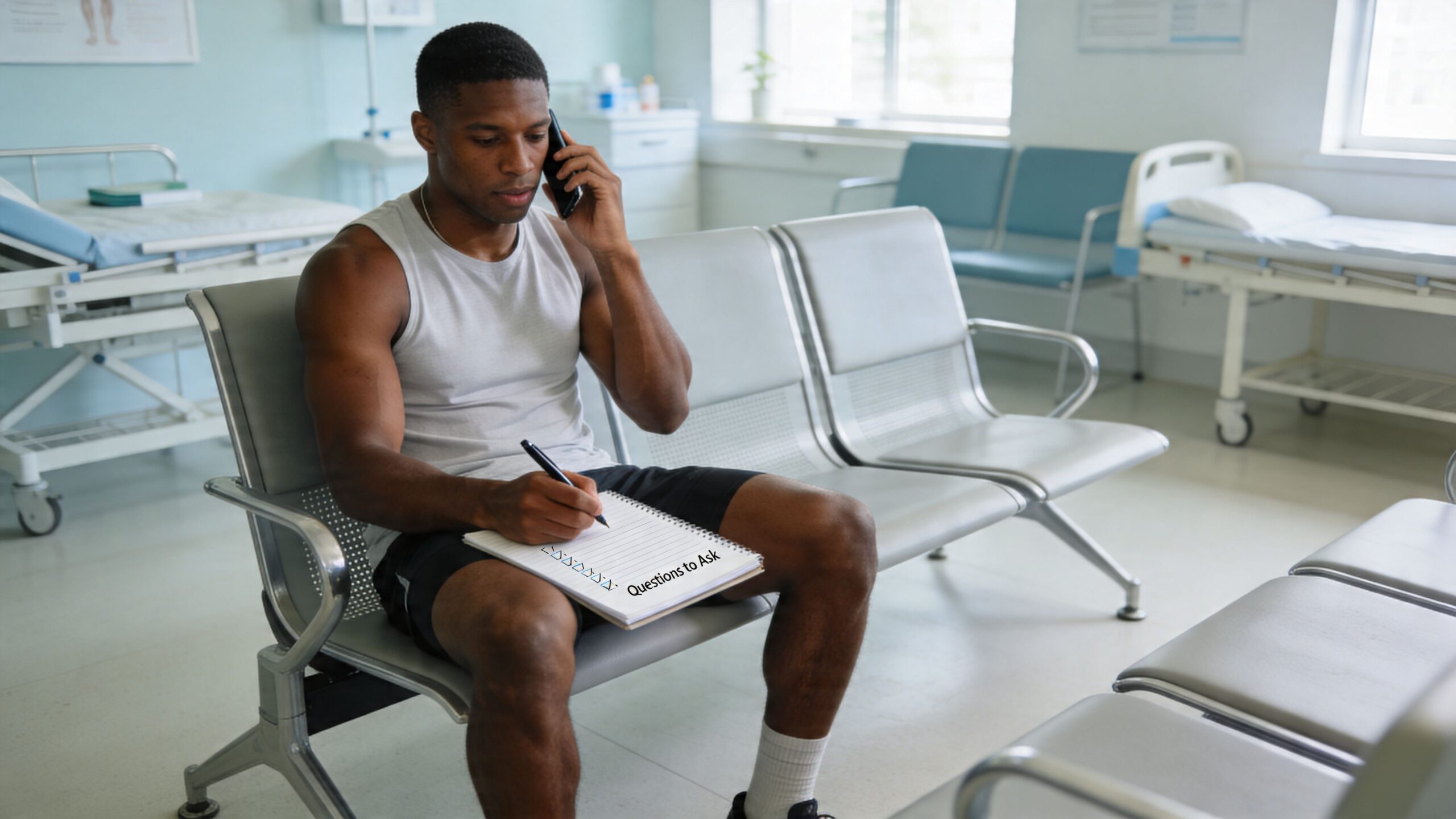 A focused man sitting in a medical waiting room, taking notes while talking on his mobile phone.