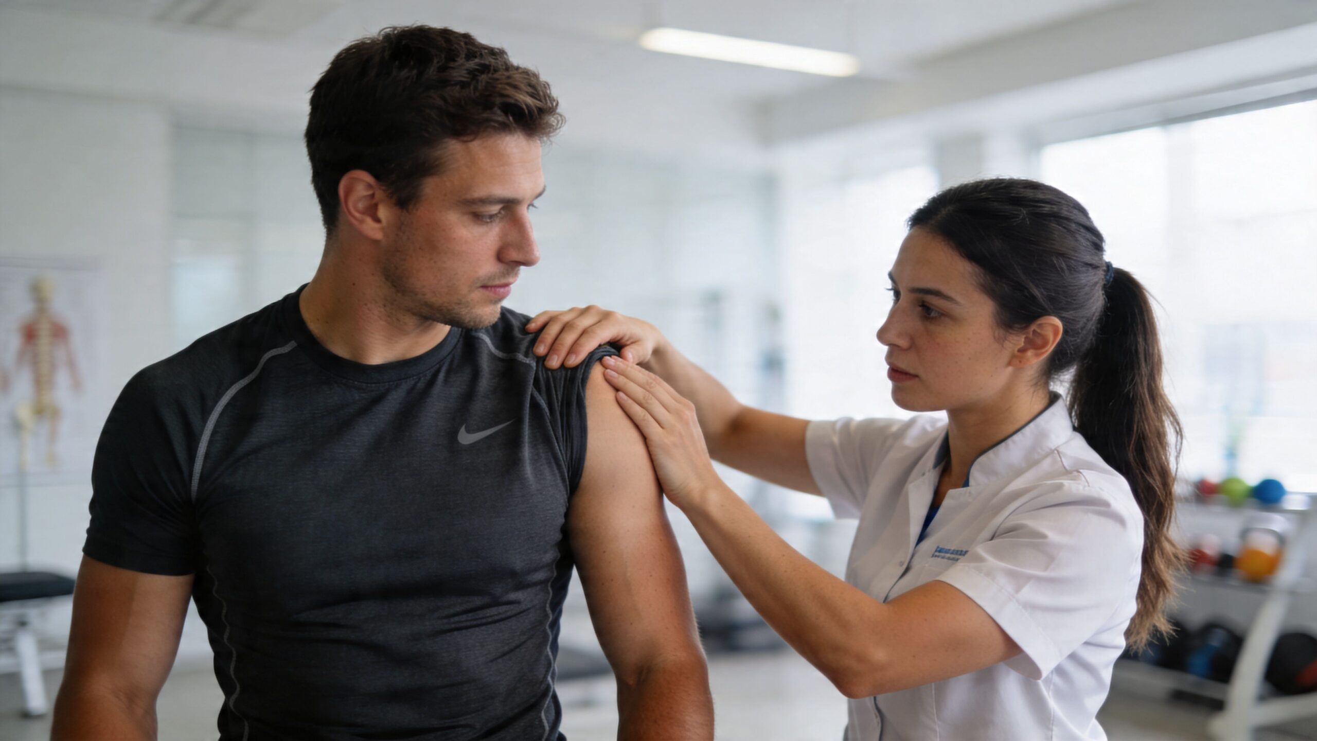 A female physical therapist examines the shoulder of a male athlete during a consultation in a clinic.