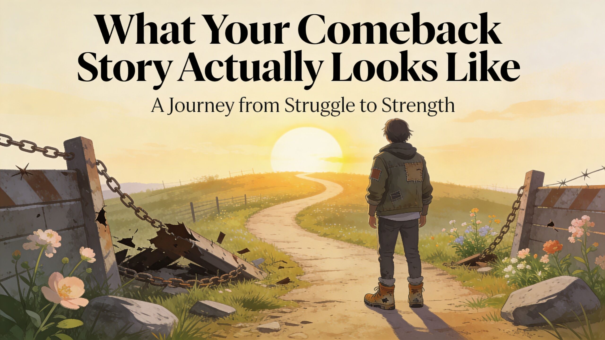 A person standing at a path gate looking toward a sunset, representing a journey to recovery.