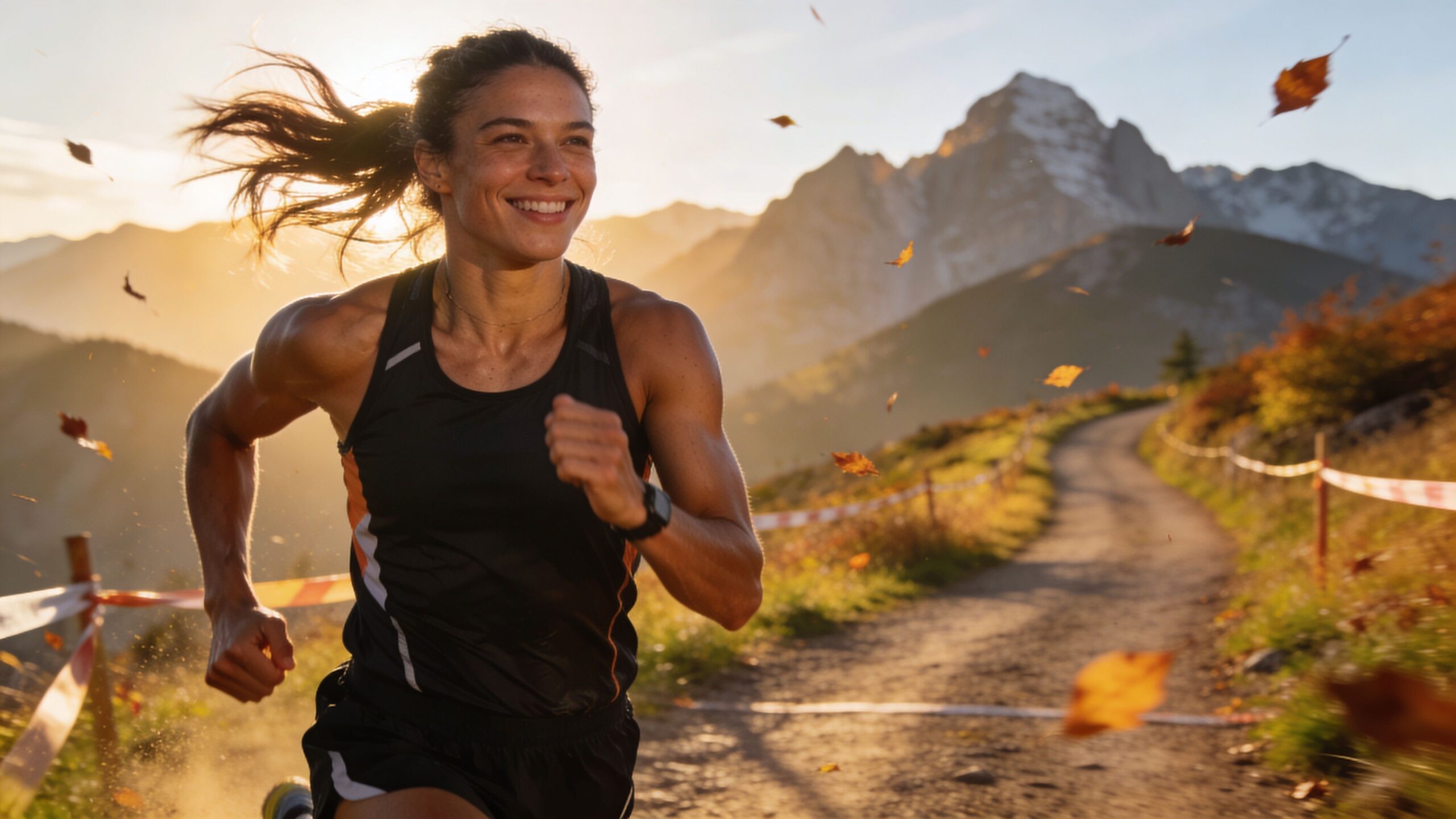 A fit female runner smiling while running along a mountain trail during a golden sunset