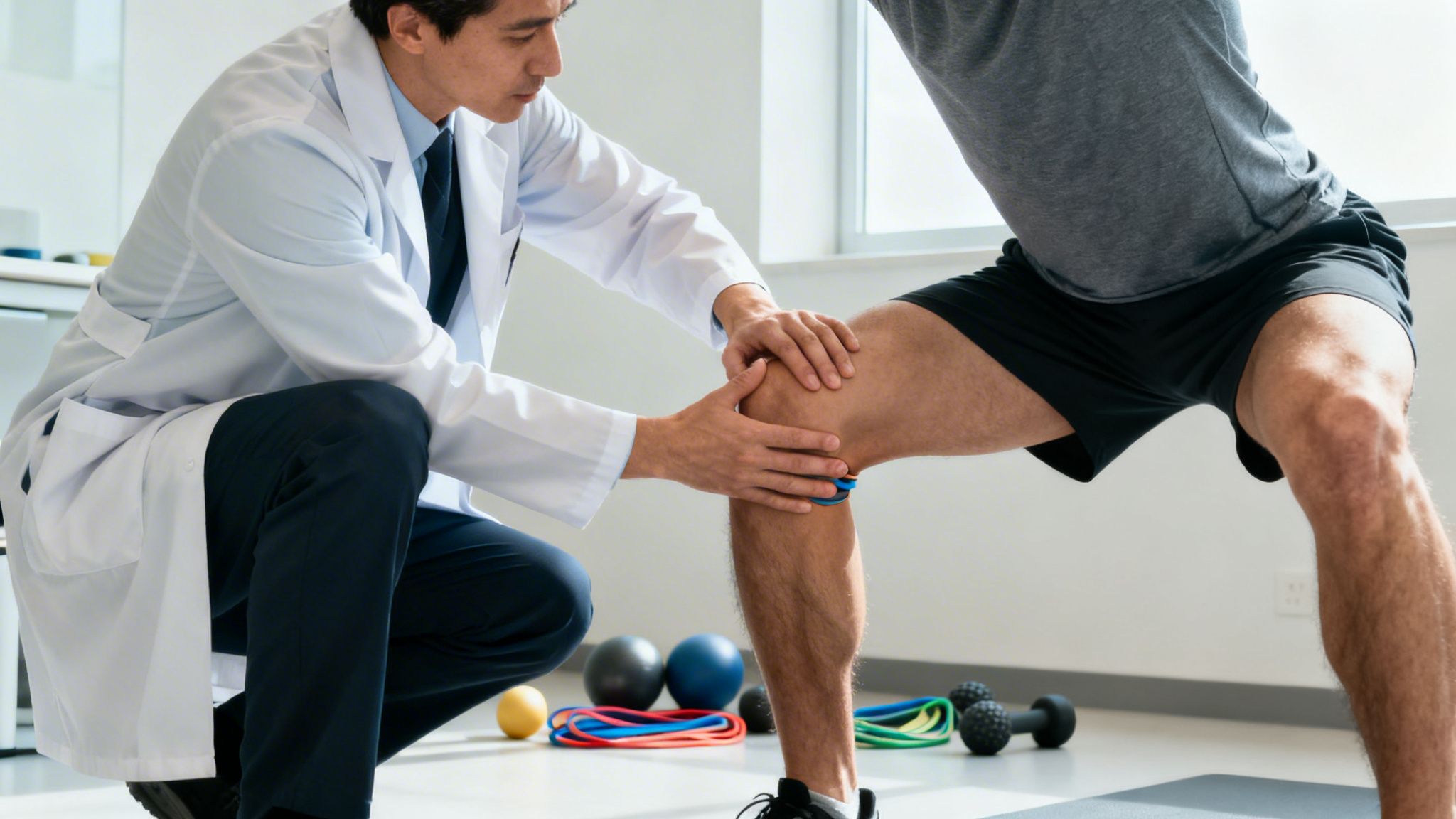 A physical therapist examines an athlete's knee during a rehabilitation or strength training session.