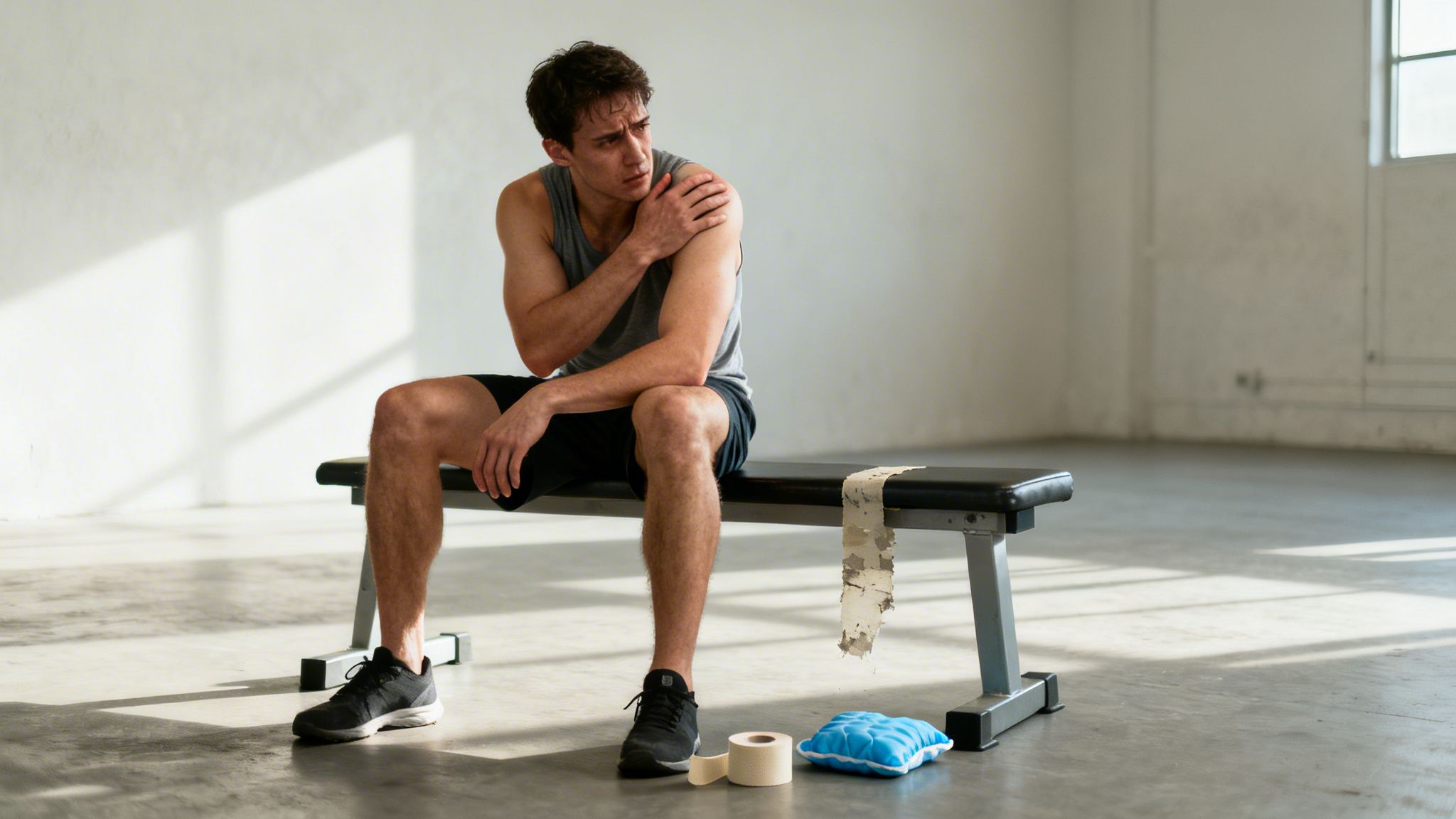 A male athlete sits on a weight bench, clutching his shoulder in pain, with an ice pack and tape nearby.