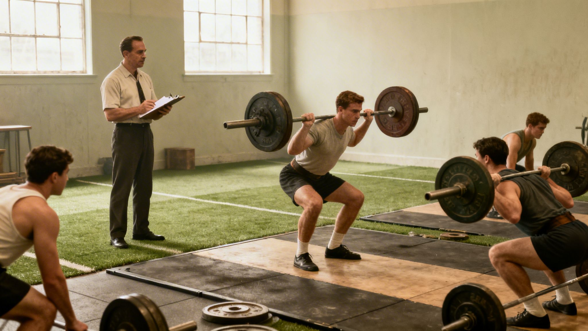 A coach observes young athletes performing barbell squats in a strength training gym.