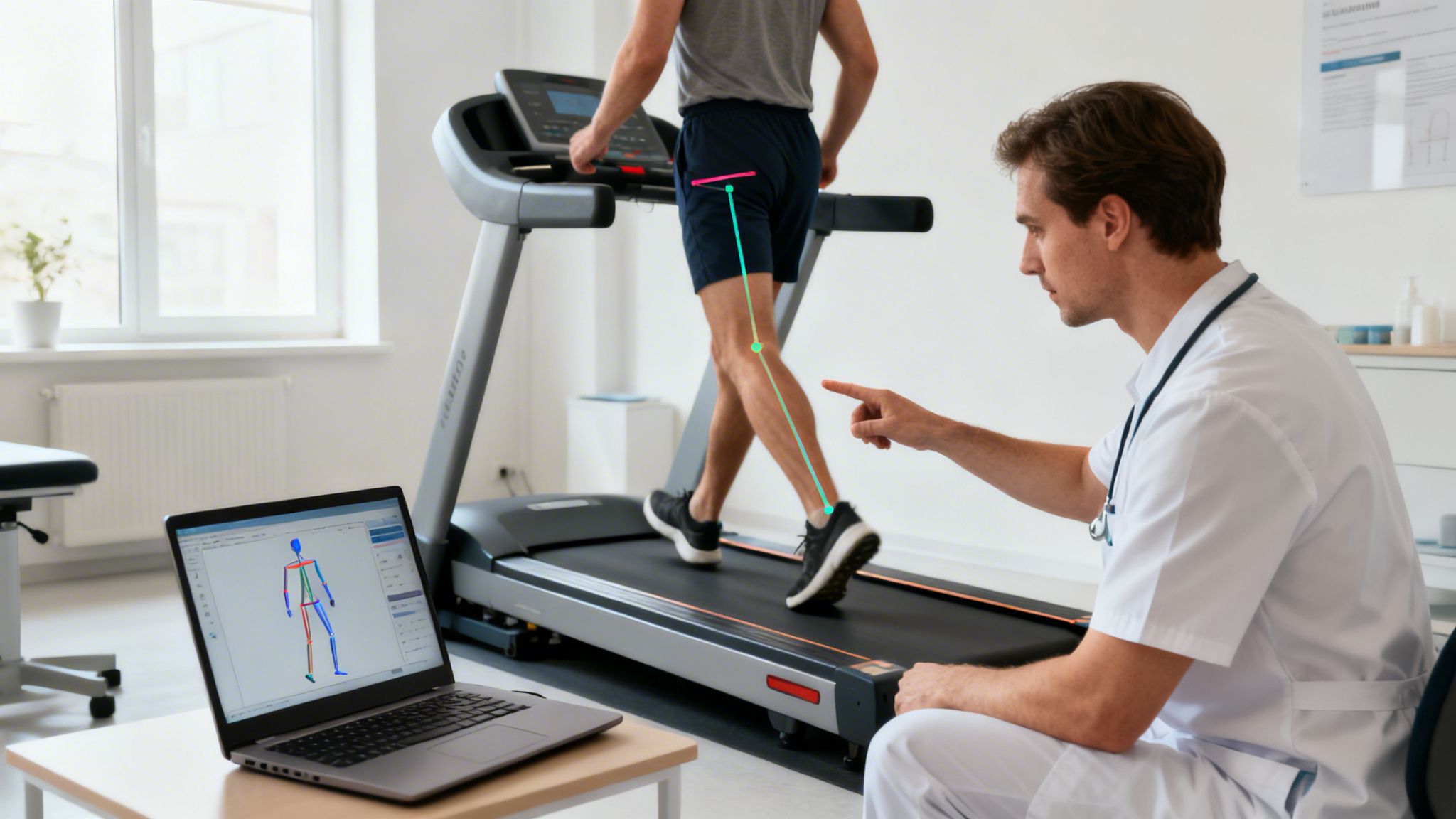 Doctor guides a patient on a treadmill for gait analysis, with a laptop showing a skeletal model.