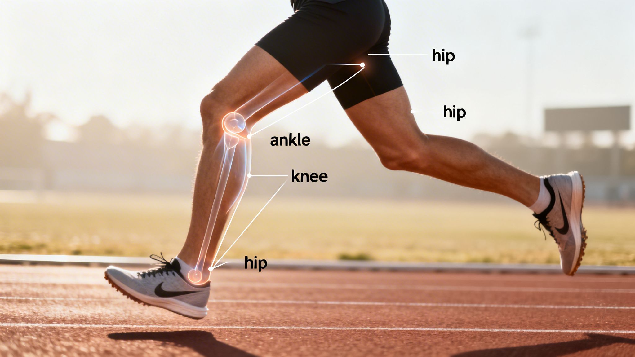 A runner on a track with highlighted hip, knee, and ankle joints, illustrating lower body anatomy.