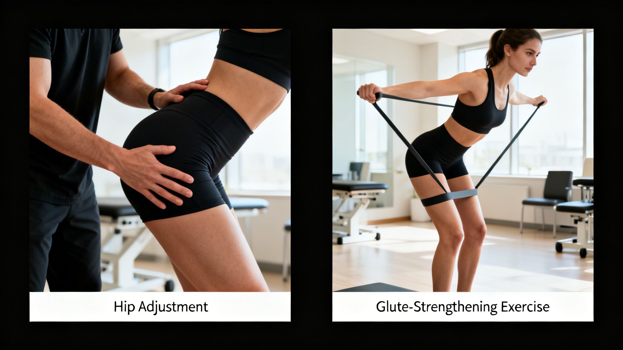 Two panels: one shows a professional performing a hip adjustment, the other features a woman doing glute-strengthening exercises with resistance bands.