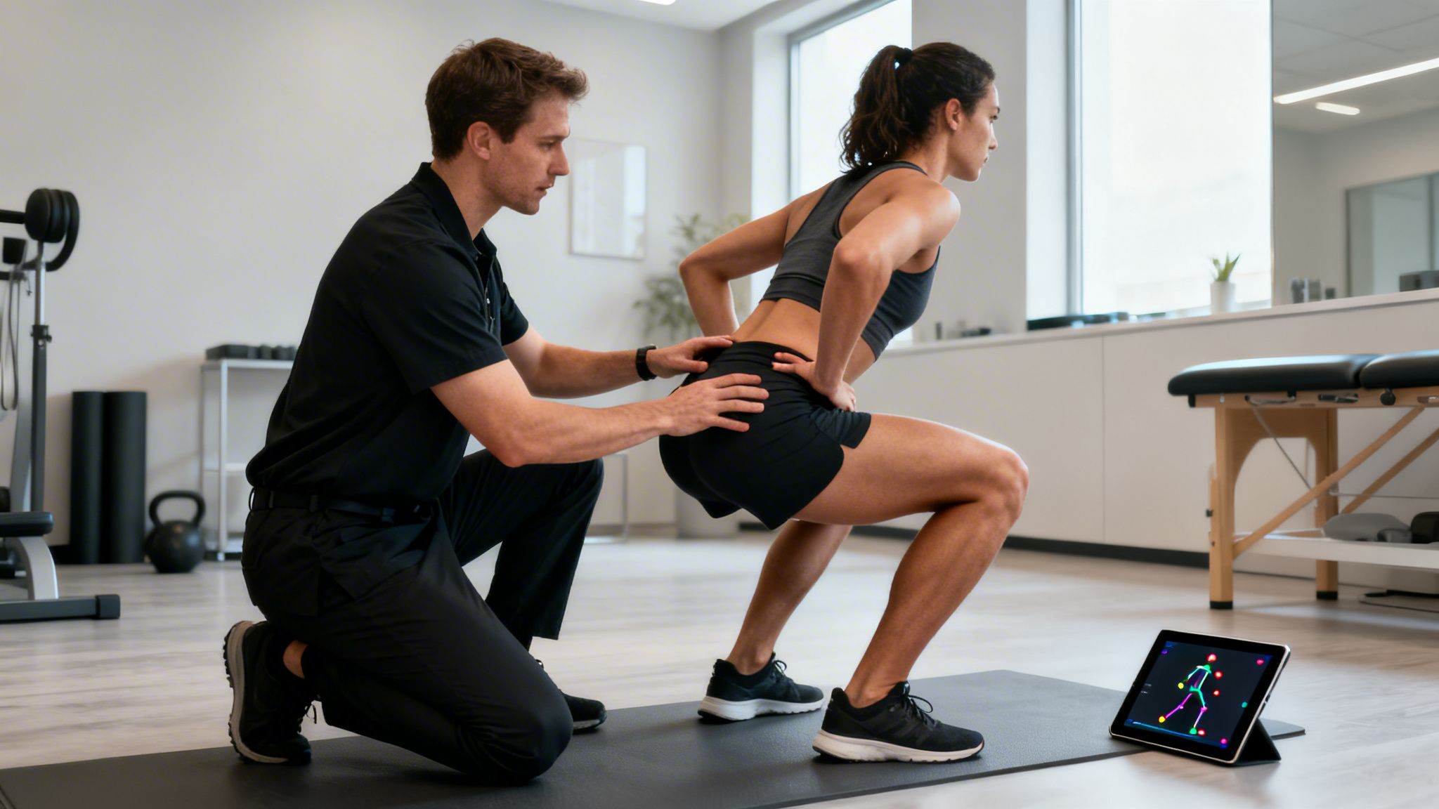 A physical therapist assists a woman performing squats, with a tablet displaying digital body analysis.