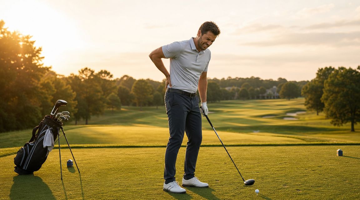 A man on a golf course holds his lower back in pain while holding his golf club.