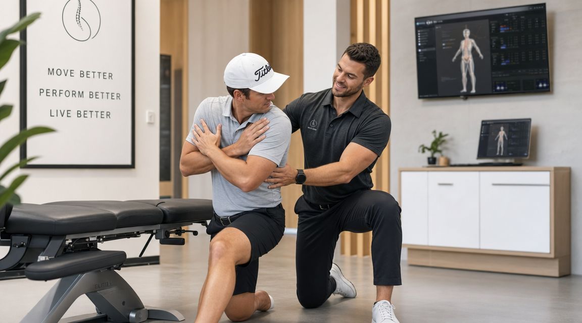 A chiropractor performing a physical assessment on a patient in a professional sports therapy clinic office.