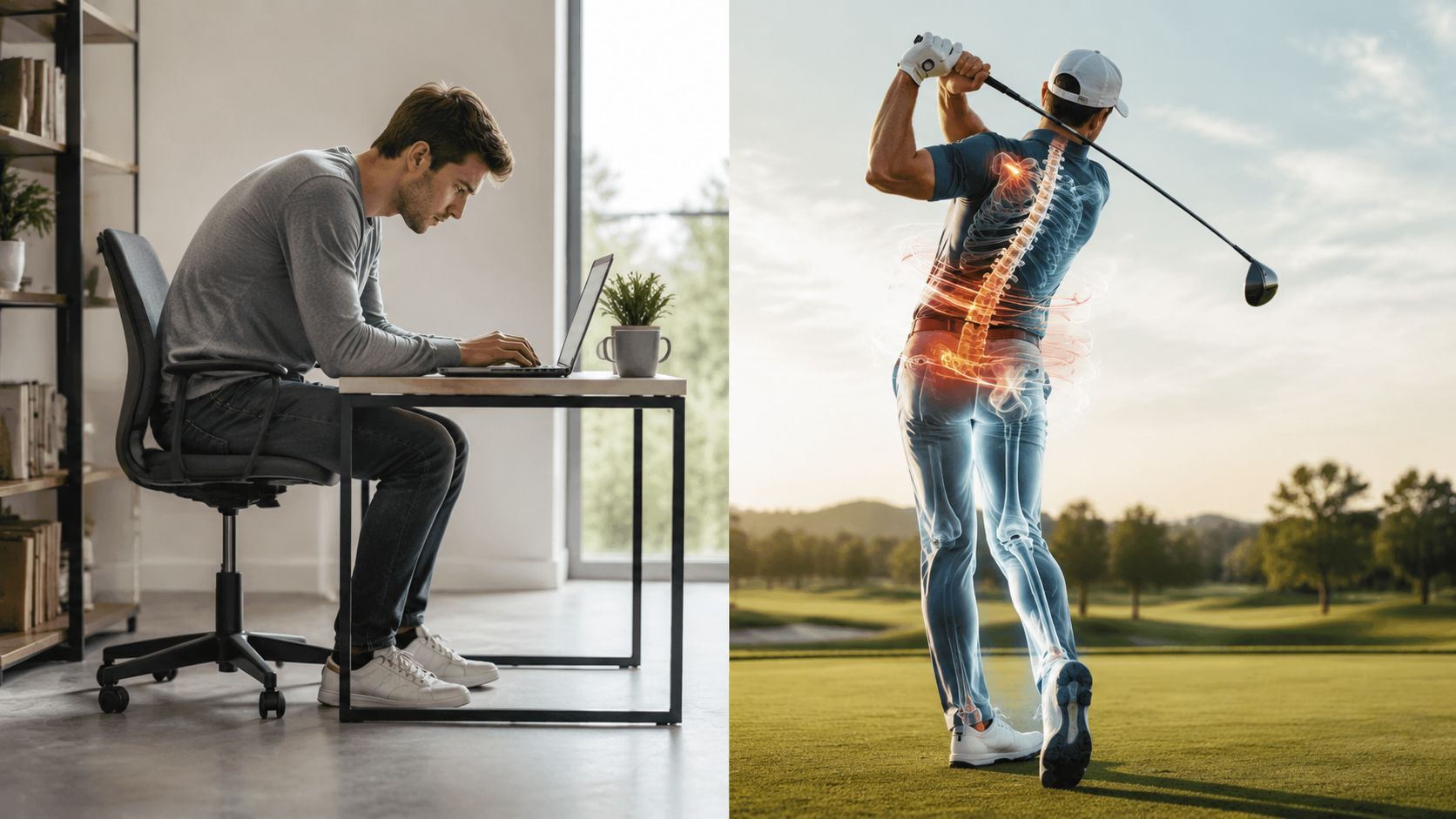 A split image showing a man with poor posture at a desk and a golfer with highlighted spinal anatomy.