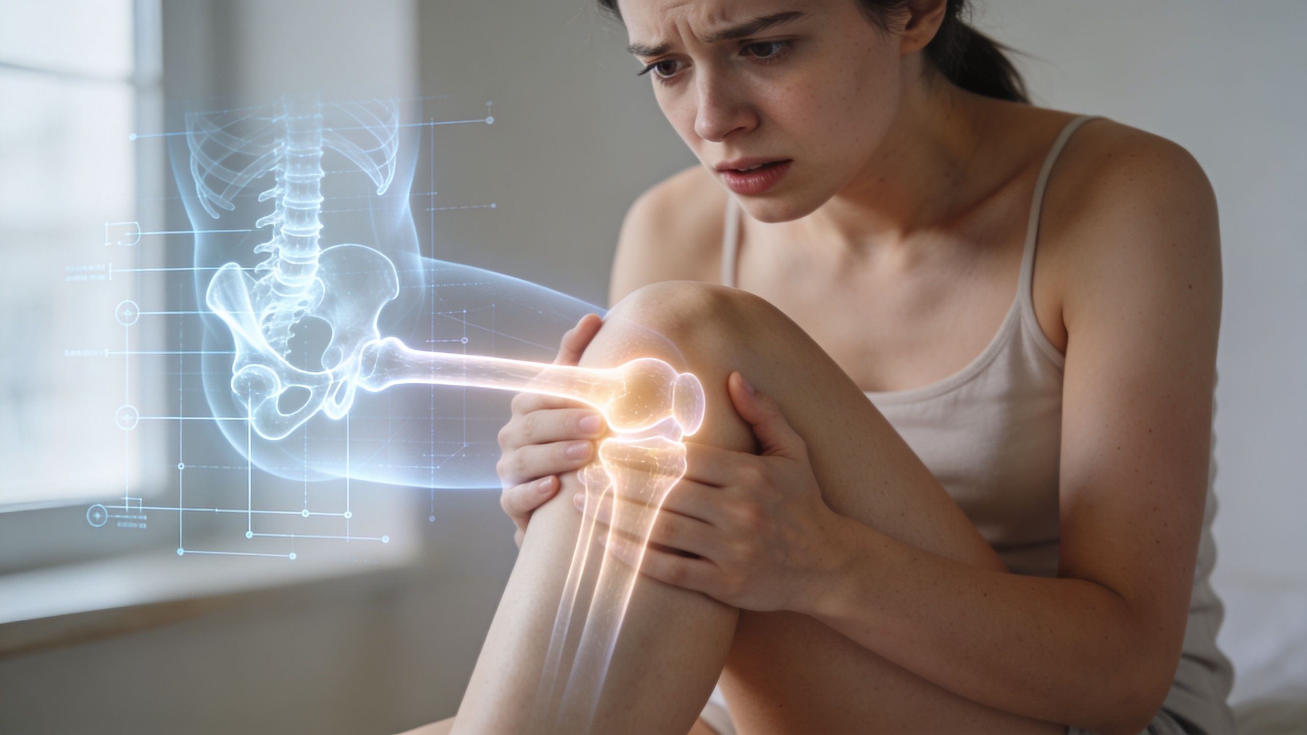 A woman in pain holding her knee, overlaid with a digital hologram of a human skeletal leg.