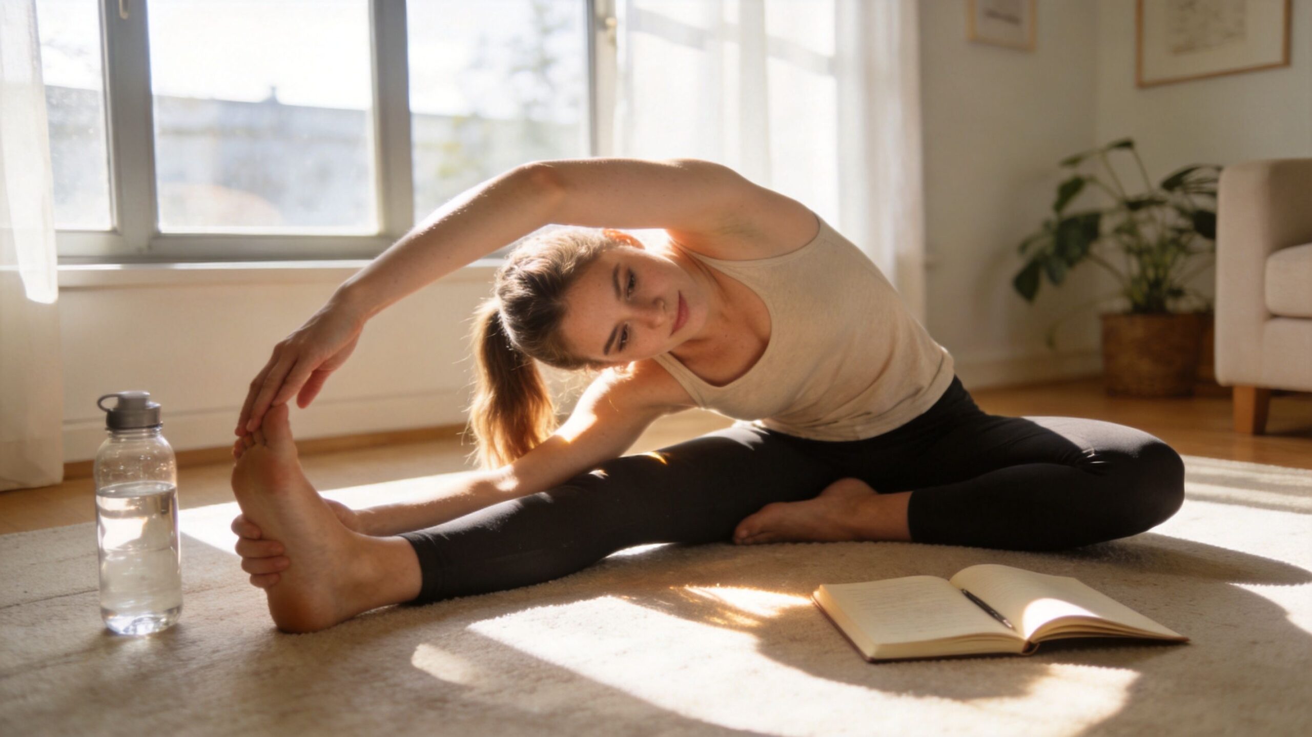 A woman stretches her leg while sitting on the floor next to a water bottle and notebook.
