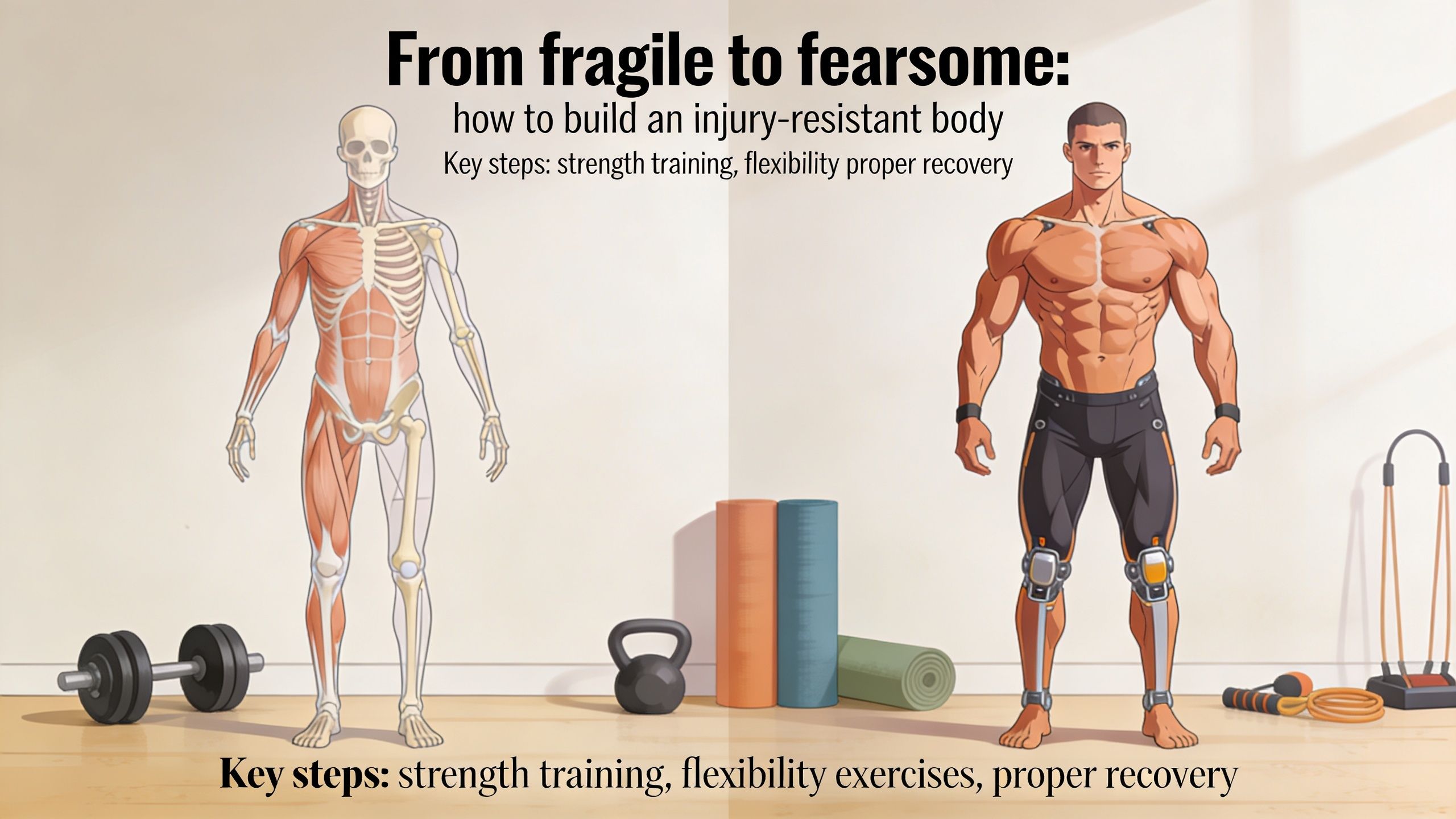 A split illustration showing an anatomical skeletal structure transforming into a muscular, injury-resistant athlete for fitness.