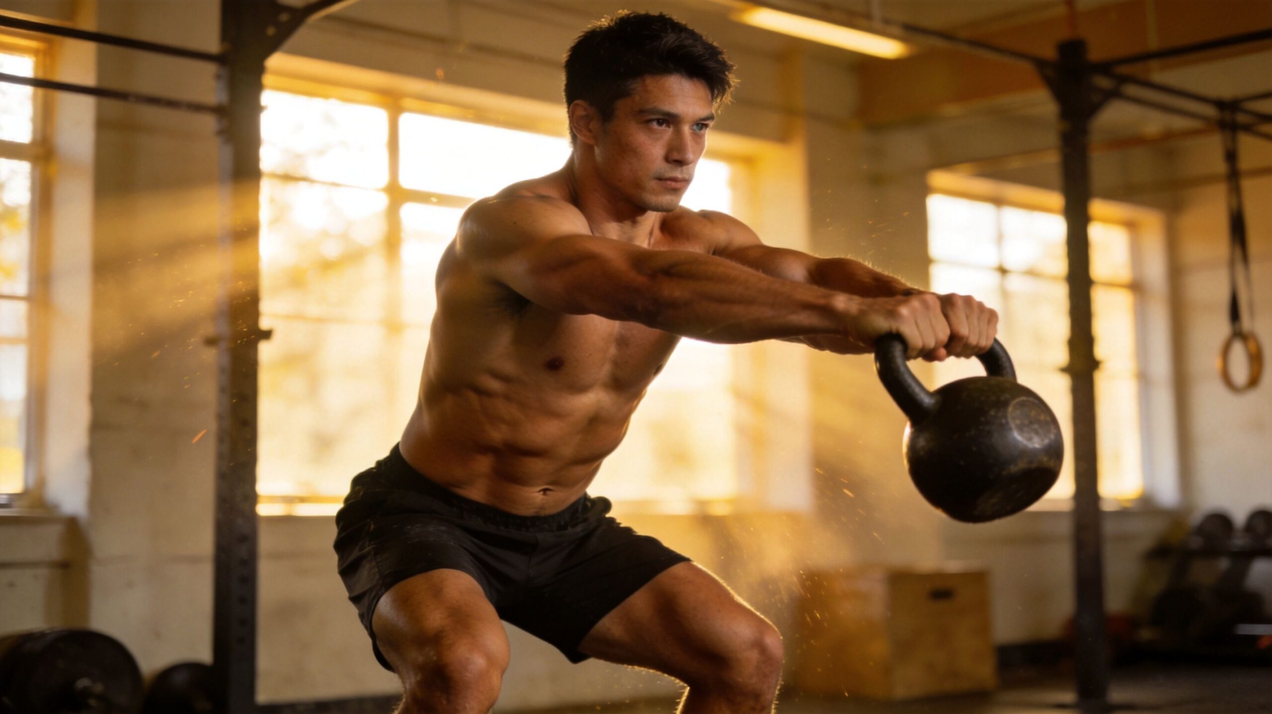A shirtless, muscular man performing a kettlebell swing exercise with proper form inside a brightly lit gym.
