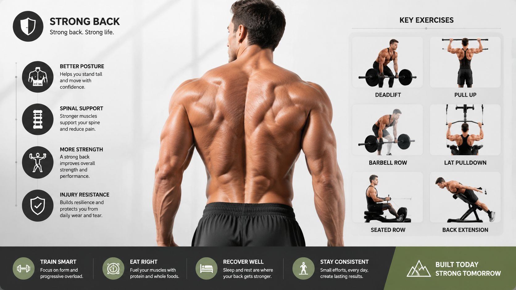 A muscular man demonstrating a strong back with a list of key back exercises for fitness.