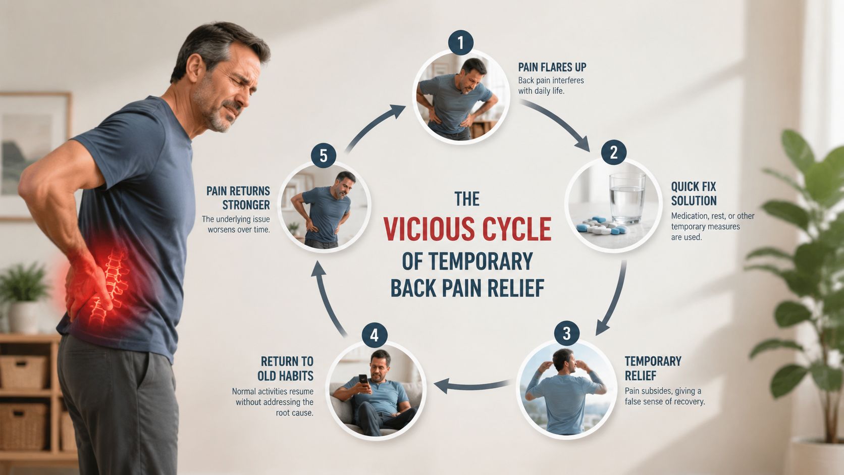 A diagram illustrating the vicious cycle of temporary back pain relief for a man experiencing discomfort.