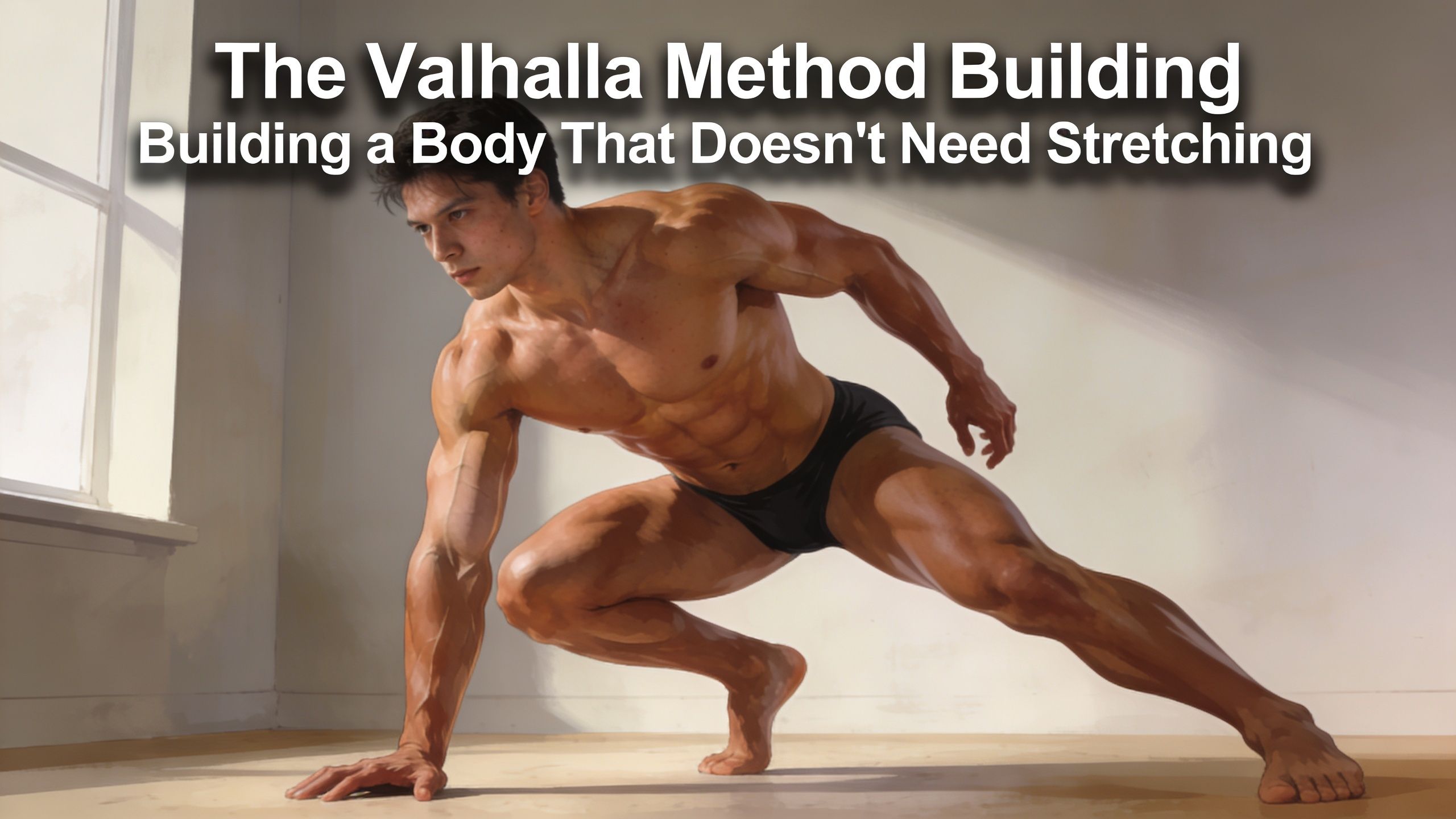 A muscular man in a dynamic crouching position as part of the Valhalla Method physical training.