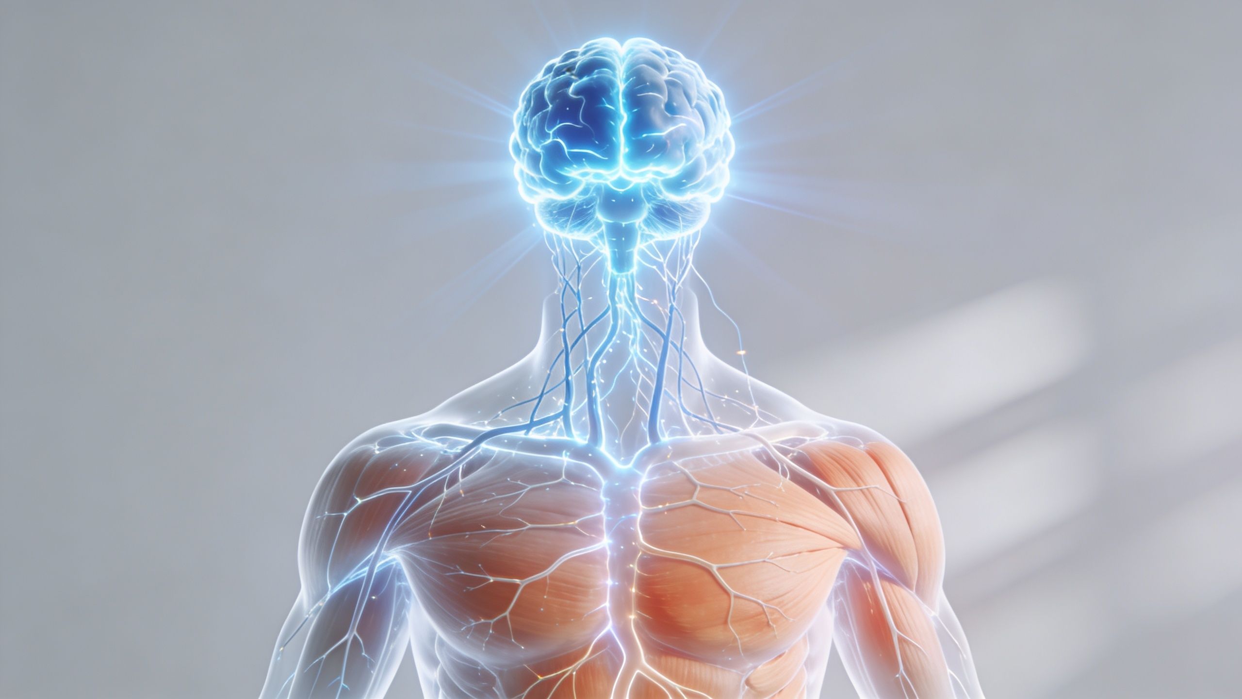 A digital illustration of the human brain and nervous system glowing above the muscular structure of the torso.