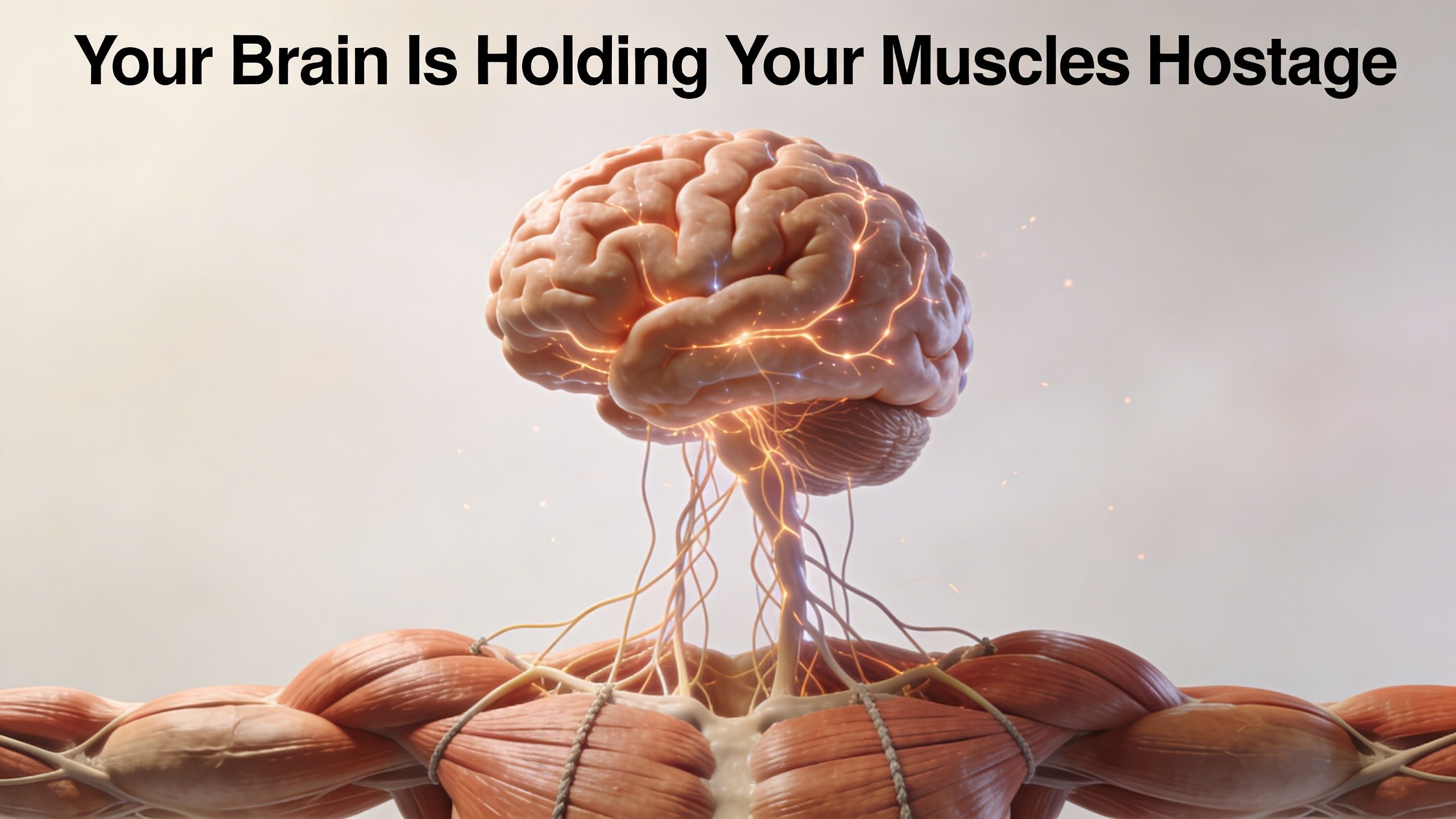 A human brain connected to muscular shoulders by glowing nerve fibers illustrating neural control over muscle tension.