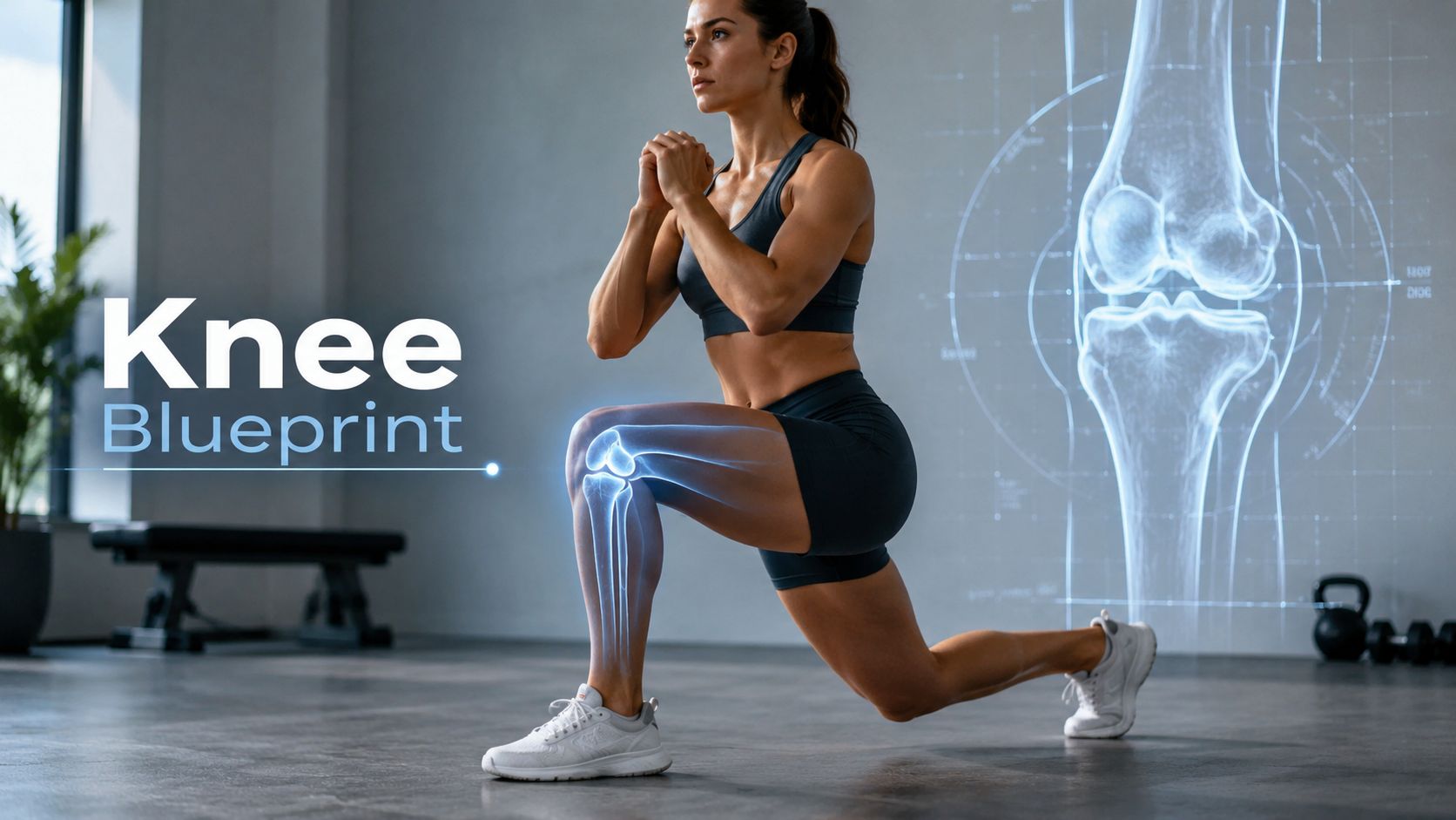 A fit woman performing a lunge exercise with an anatomical blueprint overlay of her knee joint.