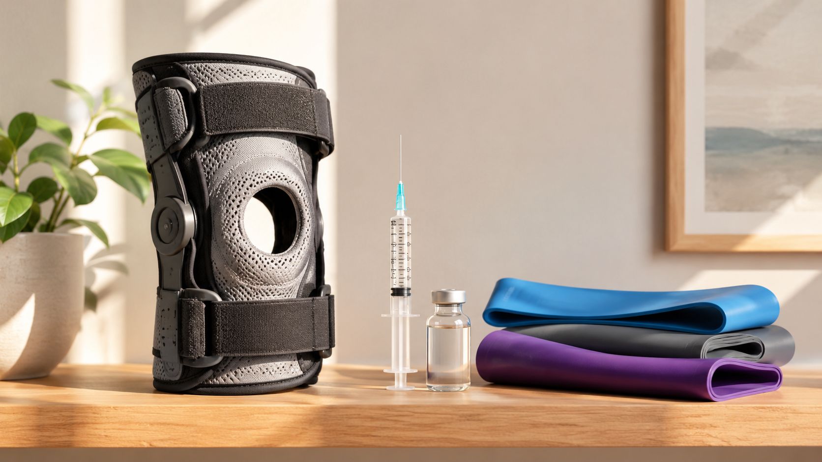 A knee brace, a syringe with medication, and resistance bands arranged on a wooden table for rehabilitation.