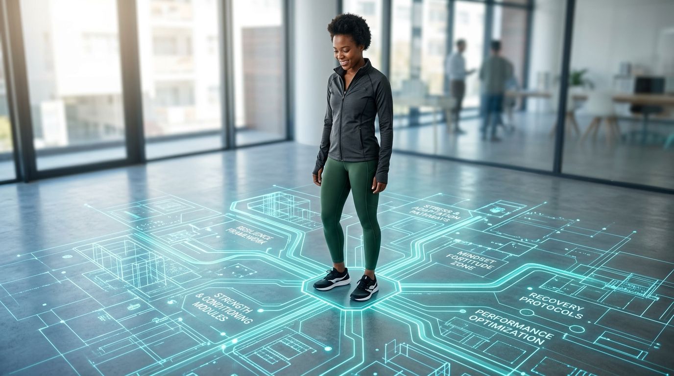 A woman stands in a modern office surrounded by a holographic interface showing fitness and health data.