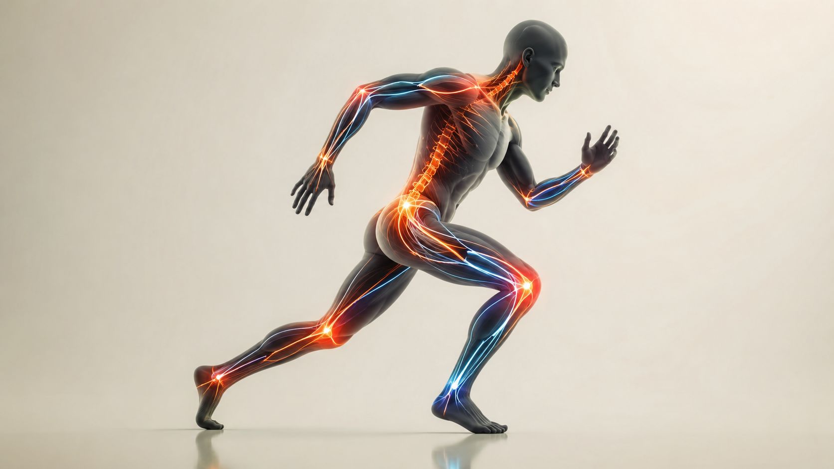 A 3D human figure in a running pose showing glowing nerve pathways and potential injury points