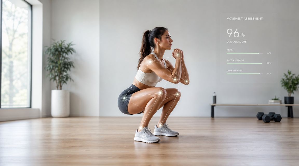 A woman performing a squat in a studio, monitored by a digital motion assessment overlay with performance metrics.