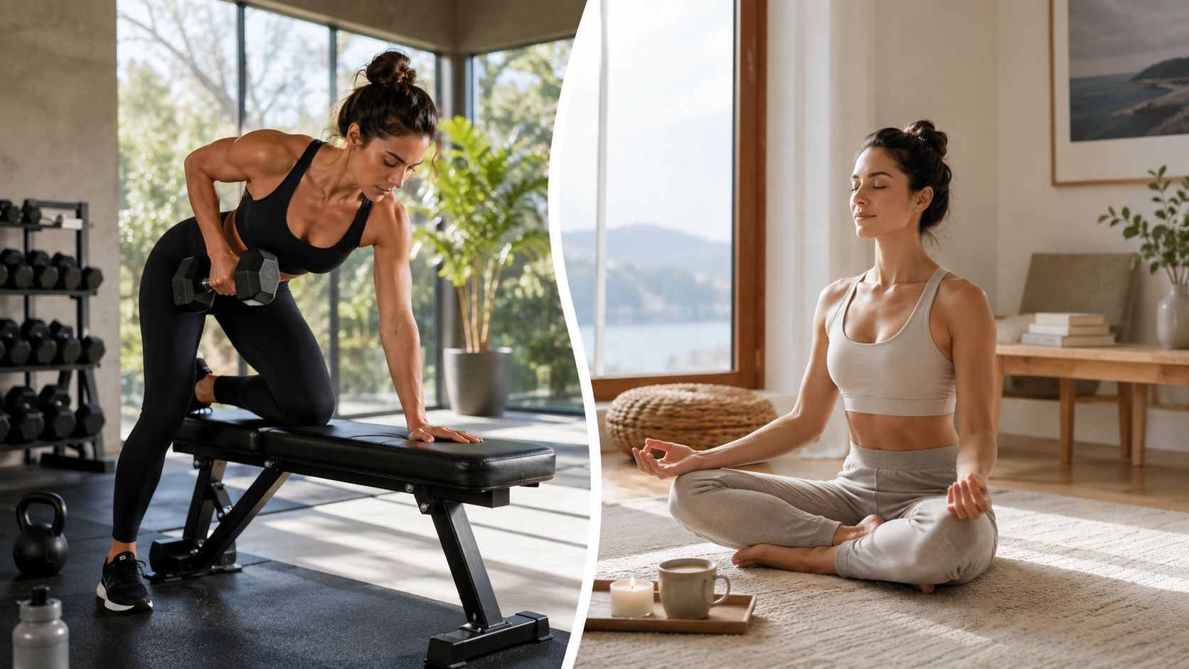 A woman balancing strength training with dumbbell rows and meditation for a holistic injury prevention strategy.