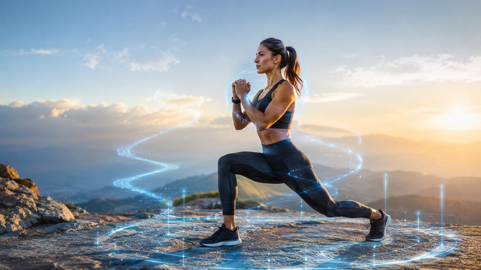 A fit woman performing a lunge exercise outdoors at sunset with digital visualization graphics around her.